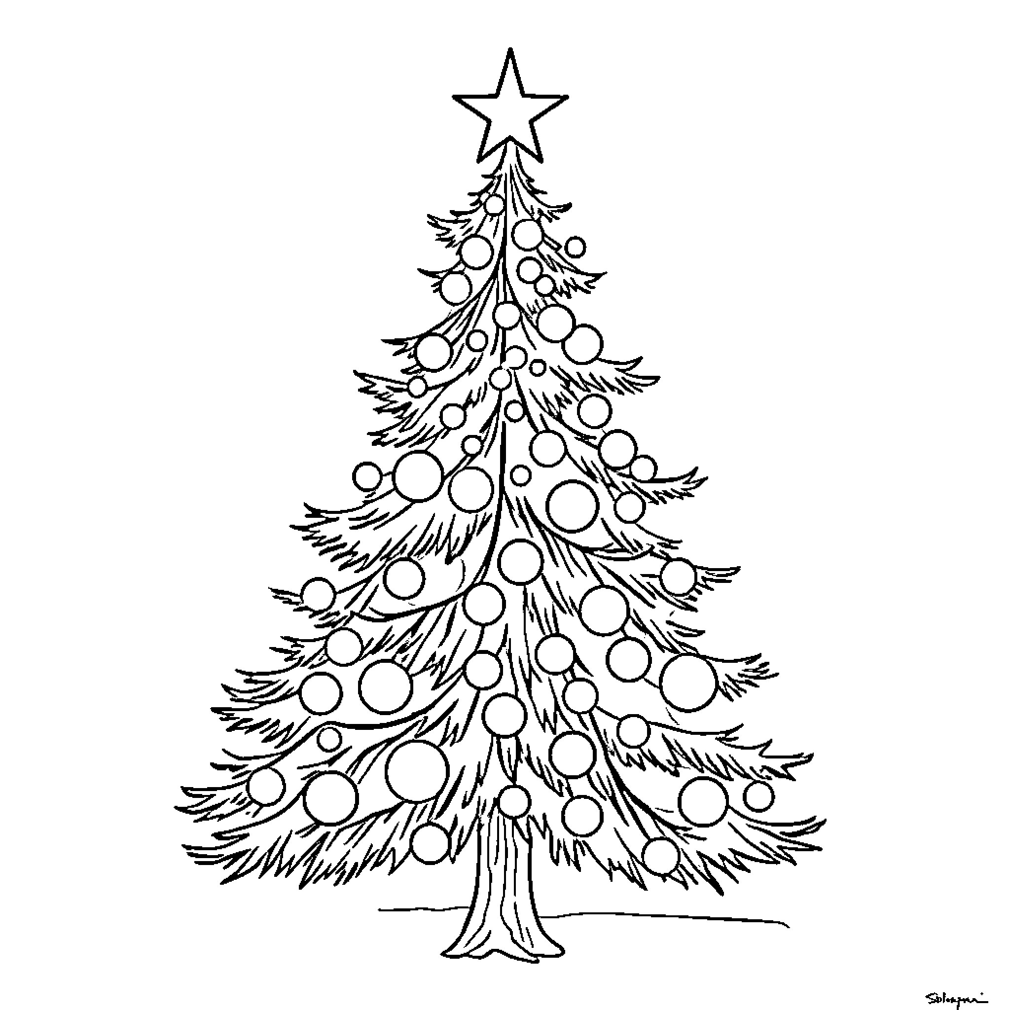 Christmas Tree with Ornaments and Star Coloring Page (free black-and-white line drawing printable PDF for all, from beginners to advanced learners, including children, teens, adults, and seniors)
