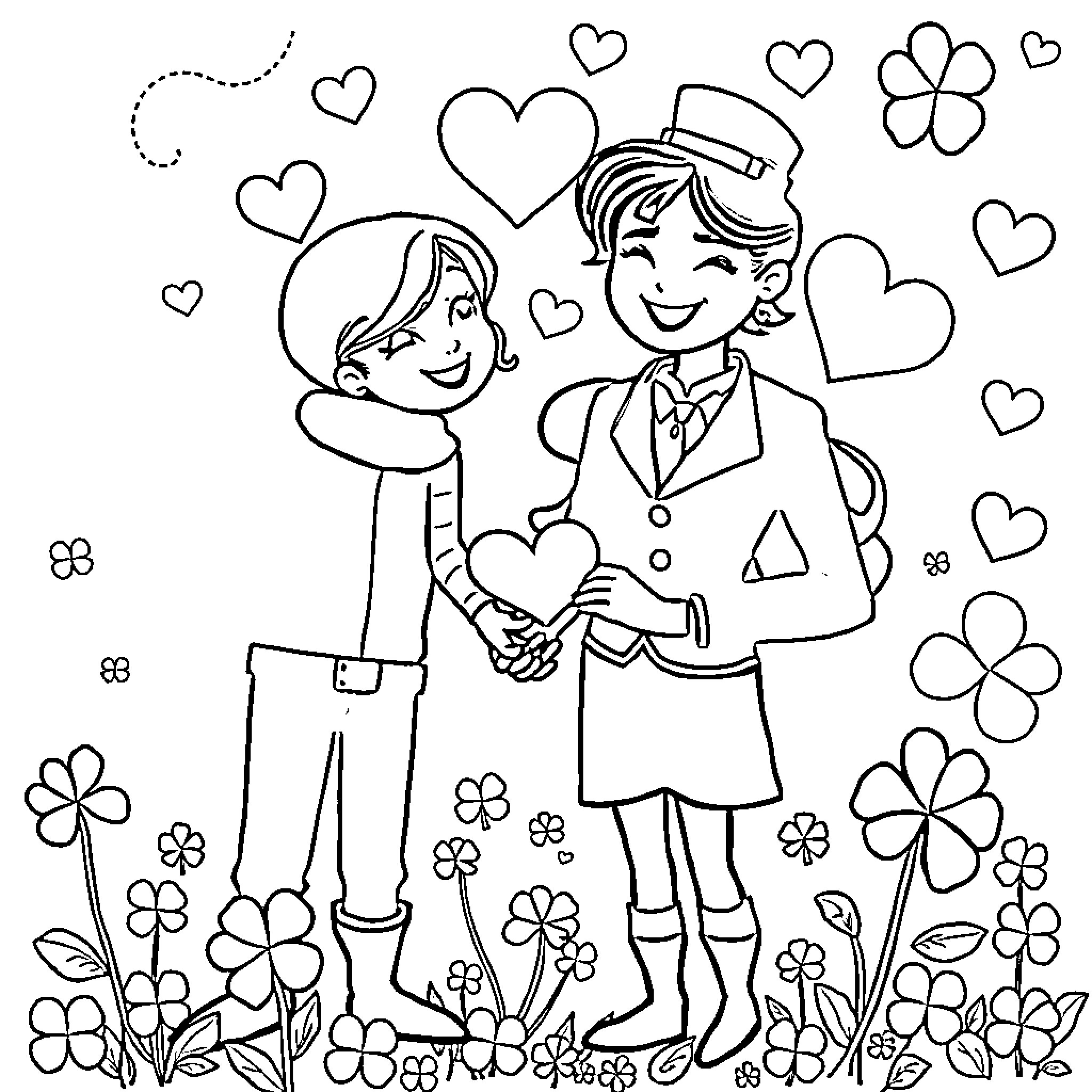 Love and joy shared between friends Coloring Page (free black-and-white line drawing printable PDF for all, from beginners to advanced learners, including children, teens, adults, and seniors)
