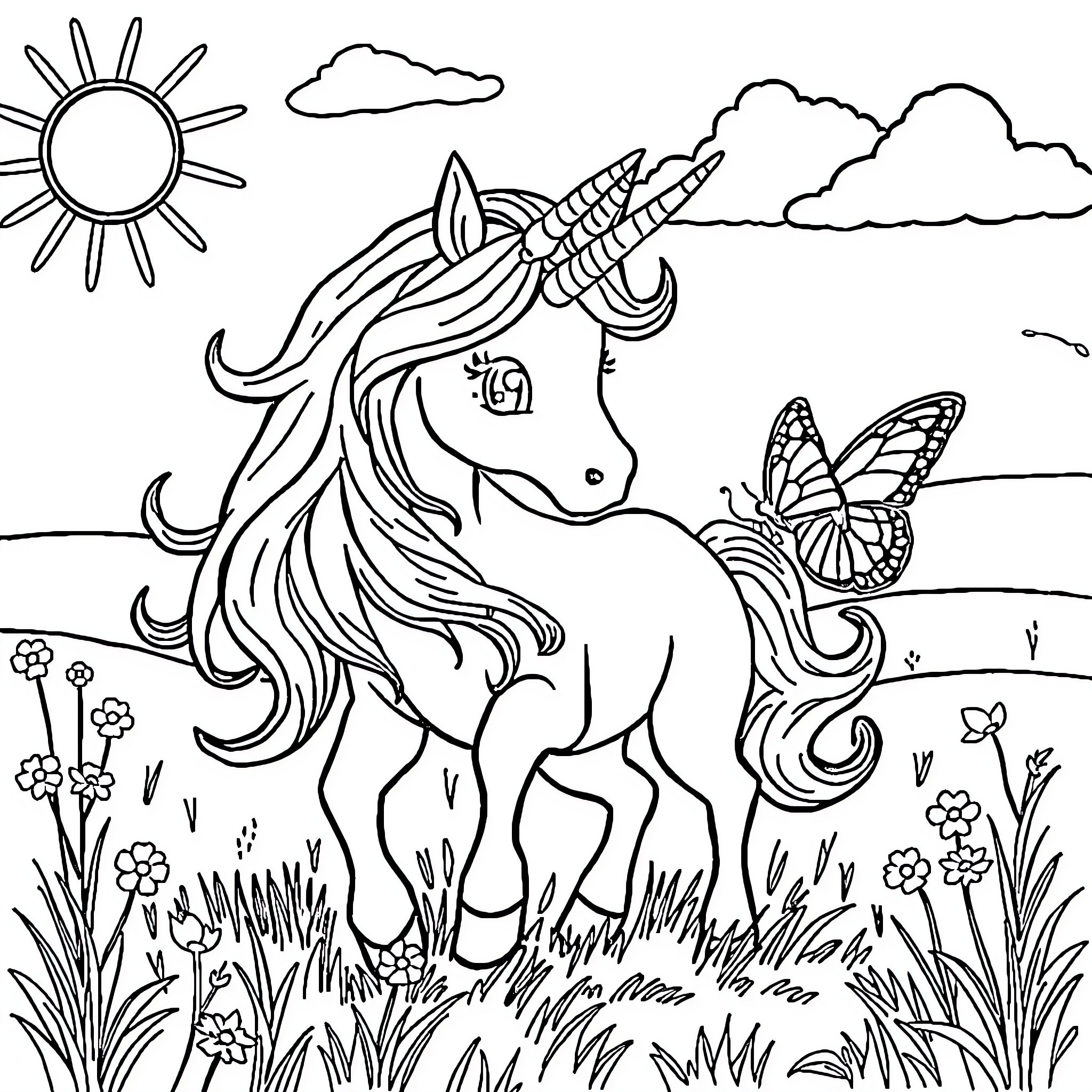 Unicorn prancing through a meadow with butterflies Coloring Page (free black-and-white line drawing printable PDF for all, from beginners to advanced learners, including children, teens, adults, and seniors)