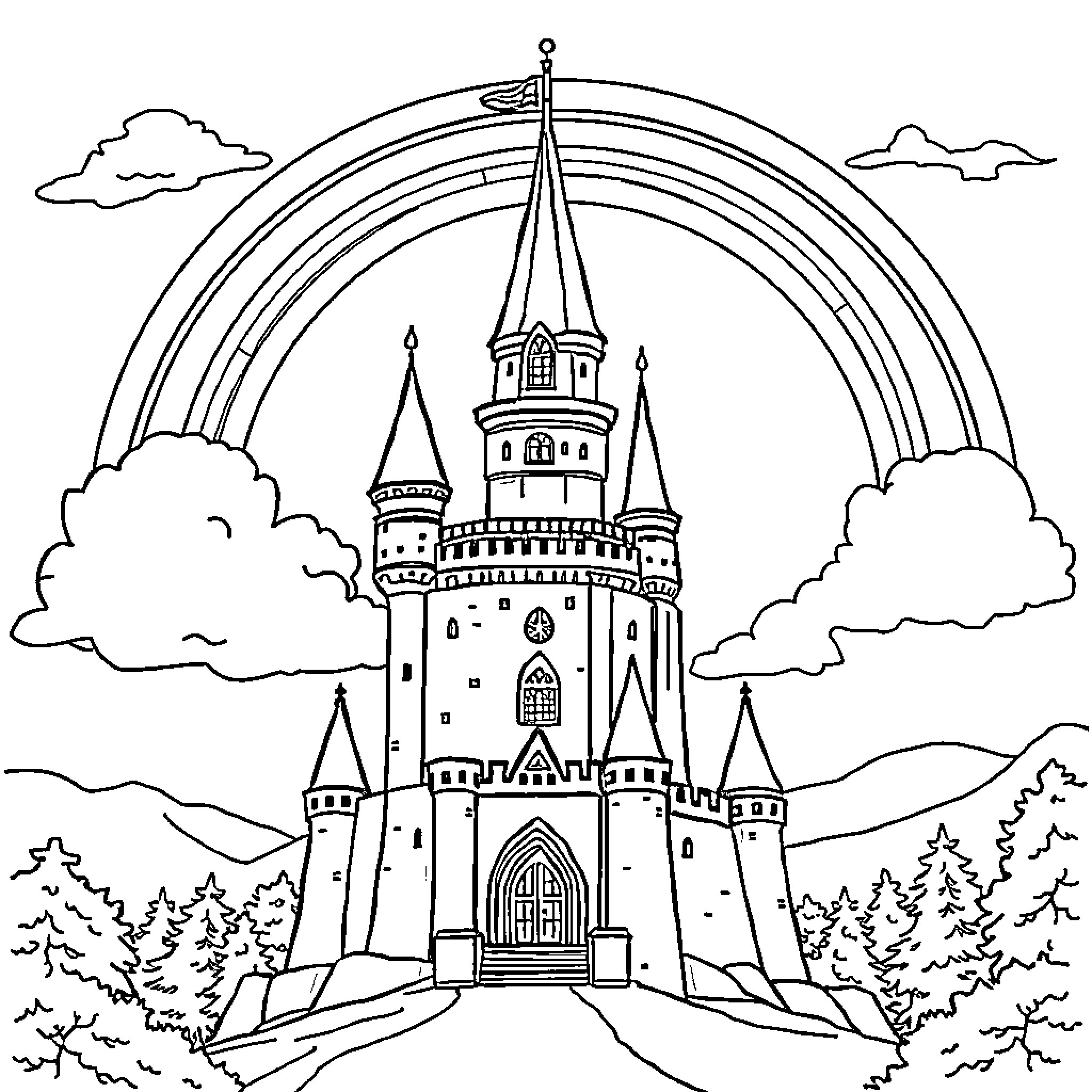 Castle with colorful archway and scenic landscape Coloring Page (free black-and-white line drawing printable PDF for all, from beginners to advanced learners, including children, teens, adults, and seniors)