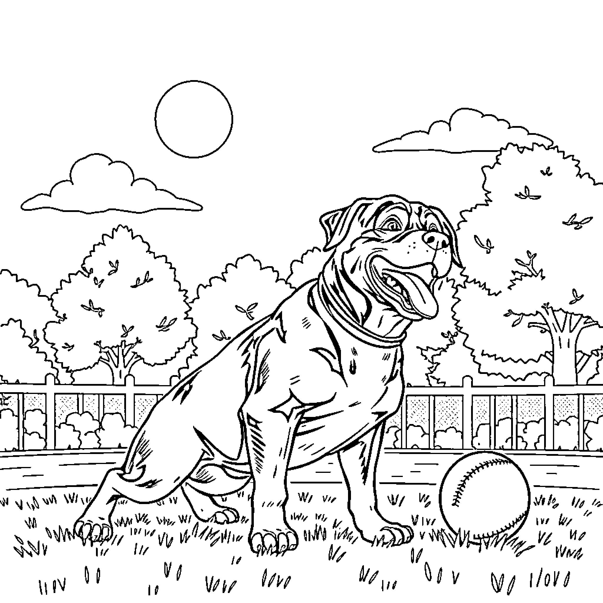 Rottweiler playing in a sunny park Coloring Page (free black-and-white line drawing printable PDF for all, from beginners to advanced learners, including children, teens, adults, and seniors)