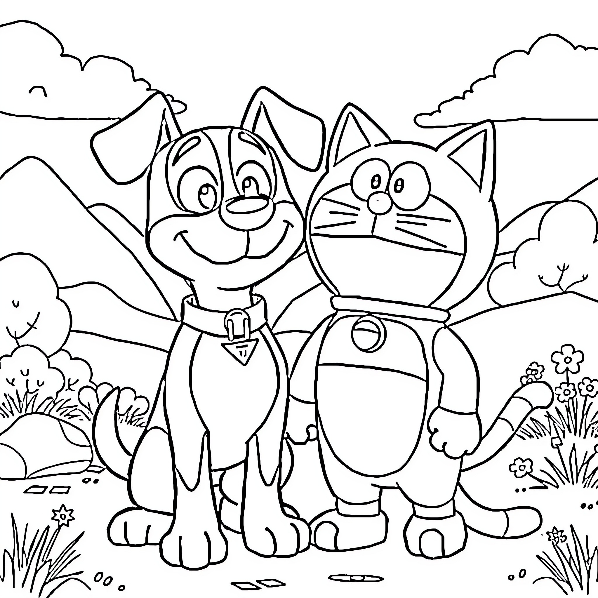 Dog and cat friends enjoy outdoors in nature Coloring Page (free black-and-white line drawing printable PDF for all, from beginners to advanced learners, including children, teens, adults, and seniors)