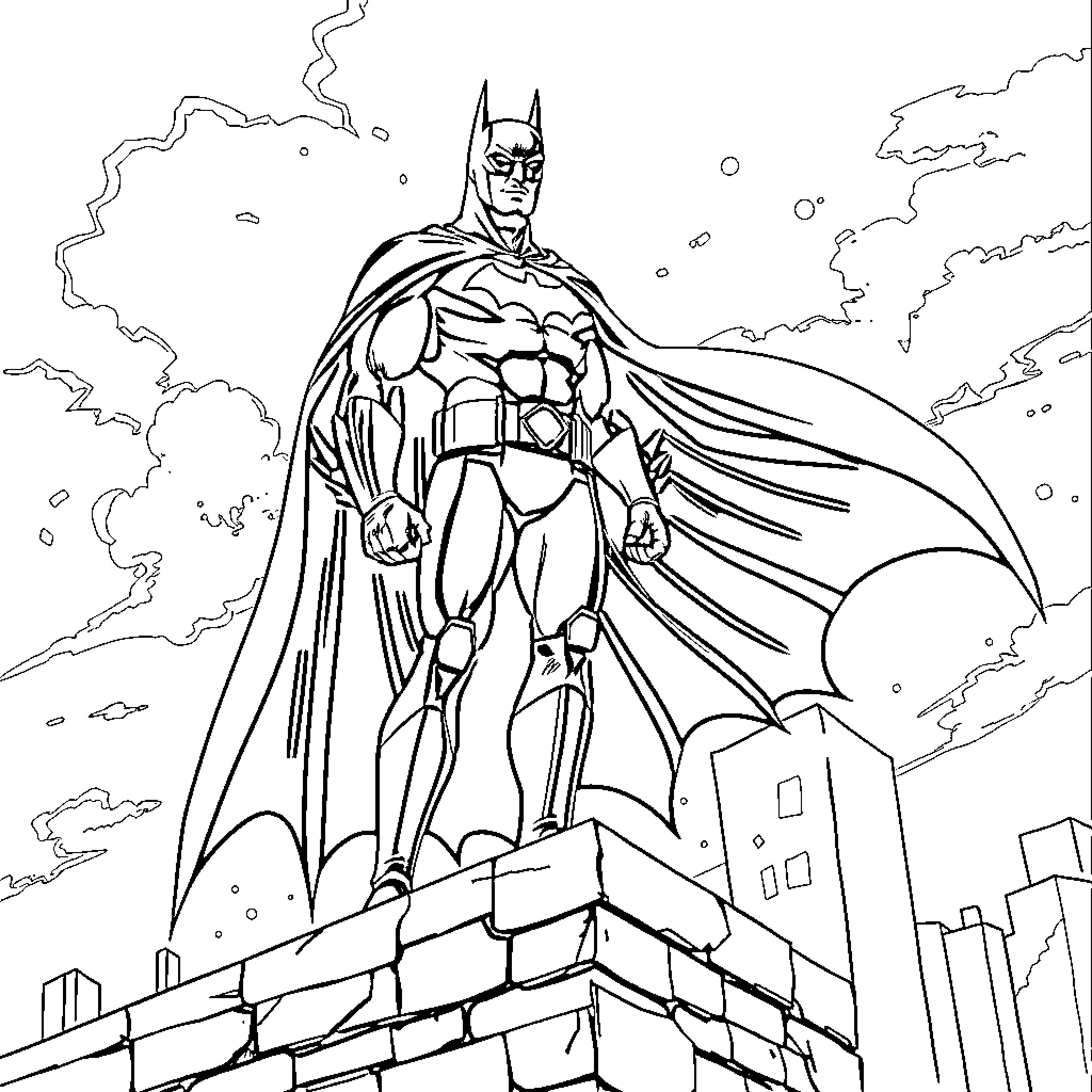 Batman standing heroically on a rooftop Coloring Page (free black-and-white line drawing printable PDF for all, from beginners to advanced learners, including children, teens, adults, and seniors)