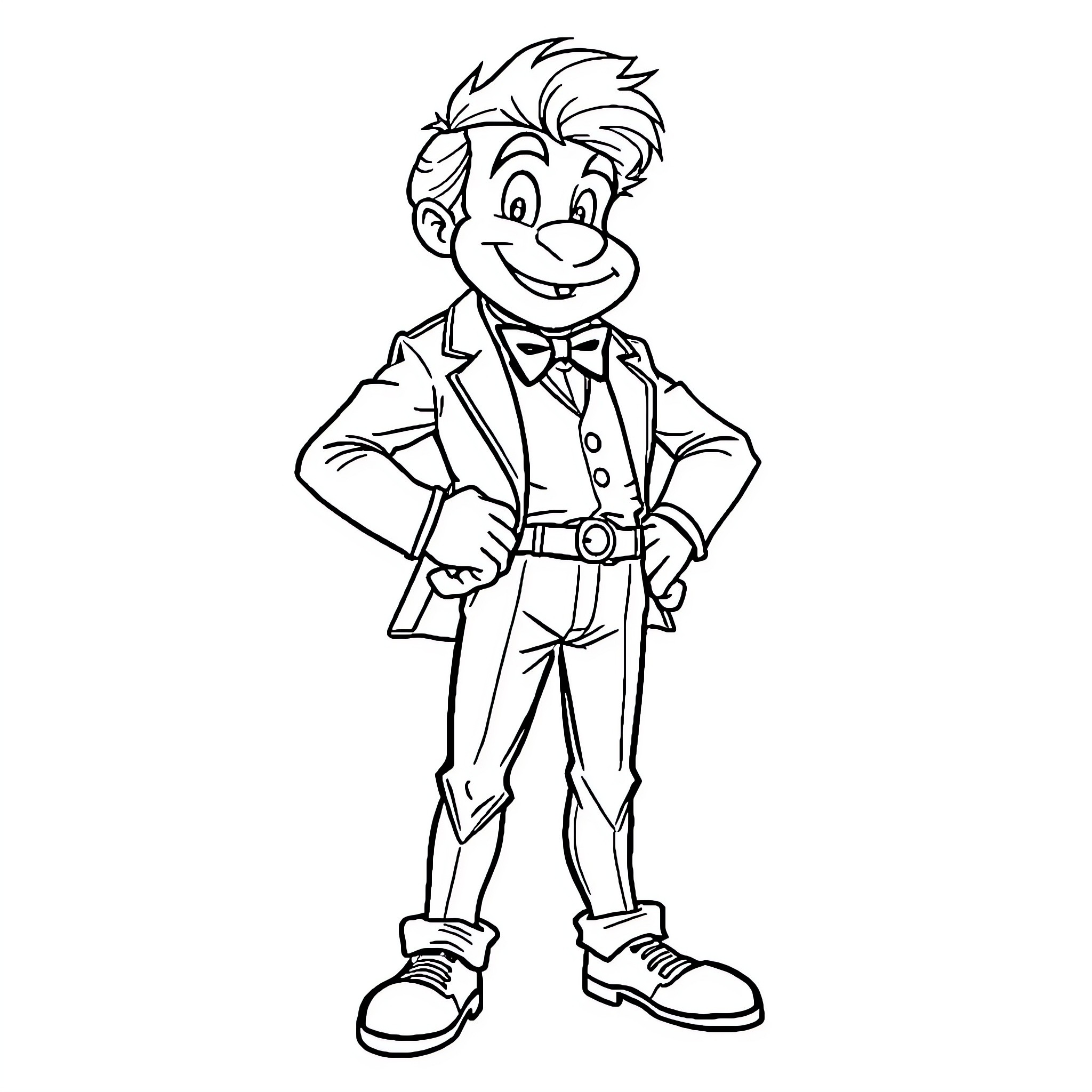 Character in Formal Attire Posing Cheerfully Coloring Page (free black-and-white line drawing printable PDF for all, from beginners to advanced learners, including children, teens, adults, and seniors)