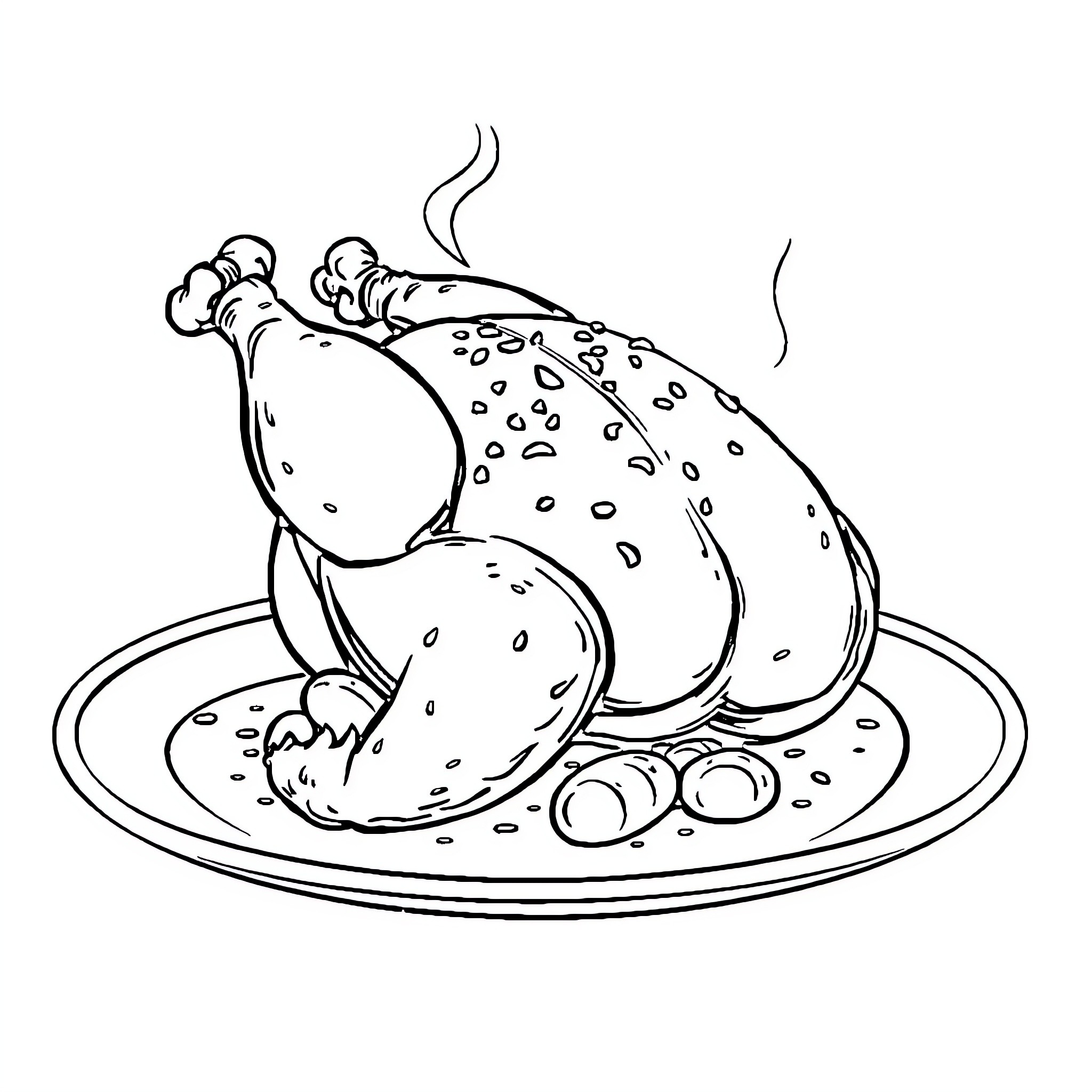 Chicken roasted to perfection on a plate Coloring Page (free black-and-white line drawing printable PDF for all, from beginners to advanced learners, including children, teens, adults, and seniors)