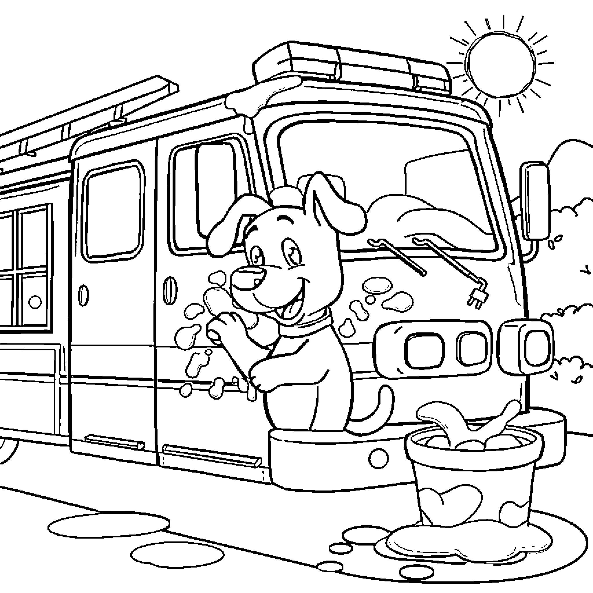 Sparky the Puppy's Adventure with the Fire Truck Coloring Page (free black-and-white line drawing printable PDF for all, from beginners to advanced learners, including children, teens, adults, and seniors)