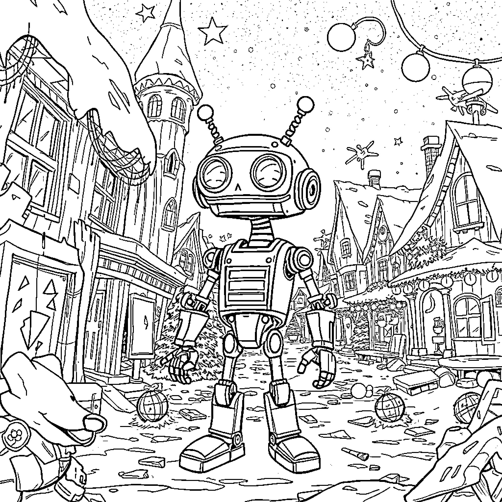 Glitch: Robot wandering in surreal city landscape Coloring Page (free black-and-white line drawing printable PDF for all, from beginners to advanced learners, including children, teens, adults, and seniors)