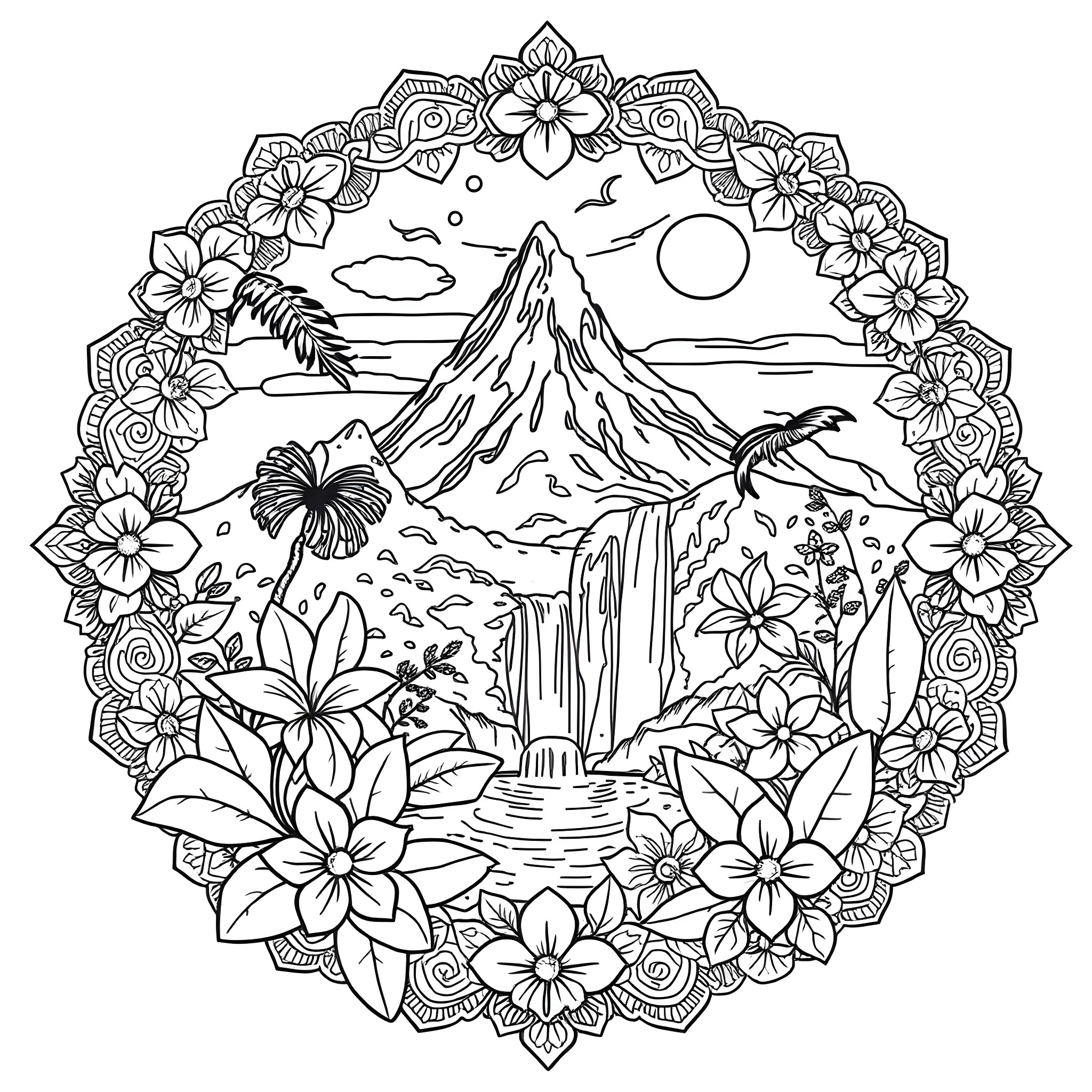 Mountain landscape with tropical flowers Coloring Page (free black-and-white line drawing printable PDF for all, from beginners to advanced learners, including children, teens, adults, and seniors)