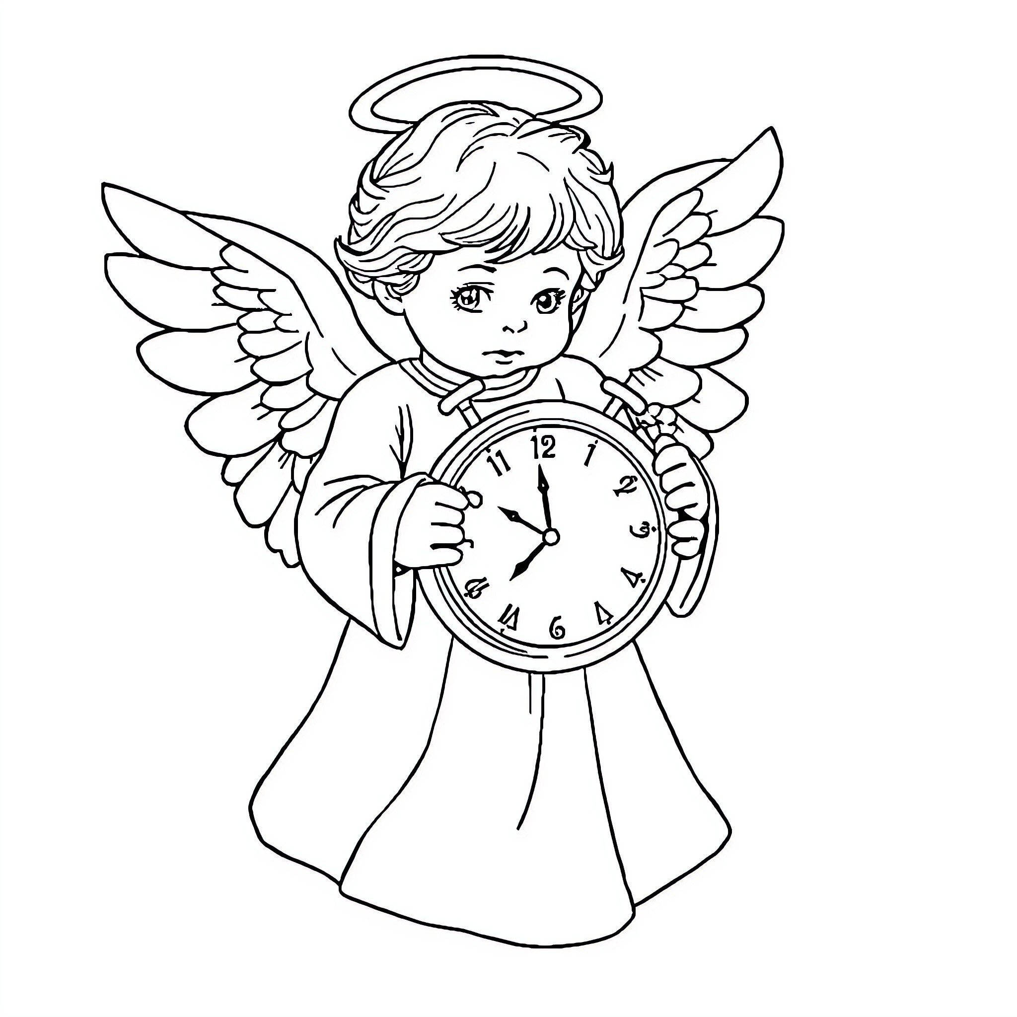 Guardian Angel Holding a Clock with Wings Coloring Page (free black-and-white line drawing printable PDF for all, from beginners to advanced learners, including children, teens, adults, and seniors)
