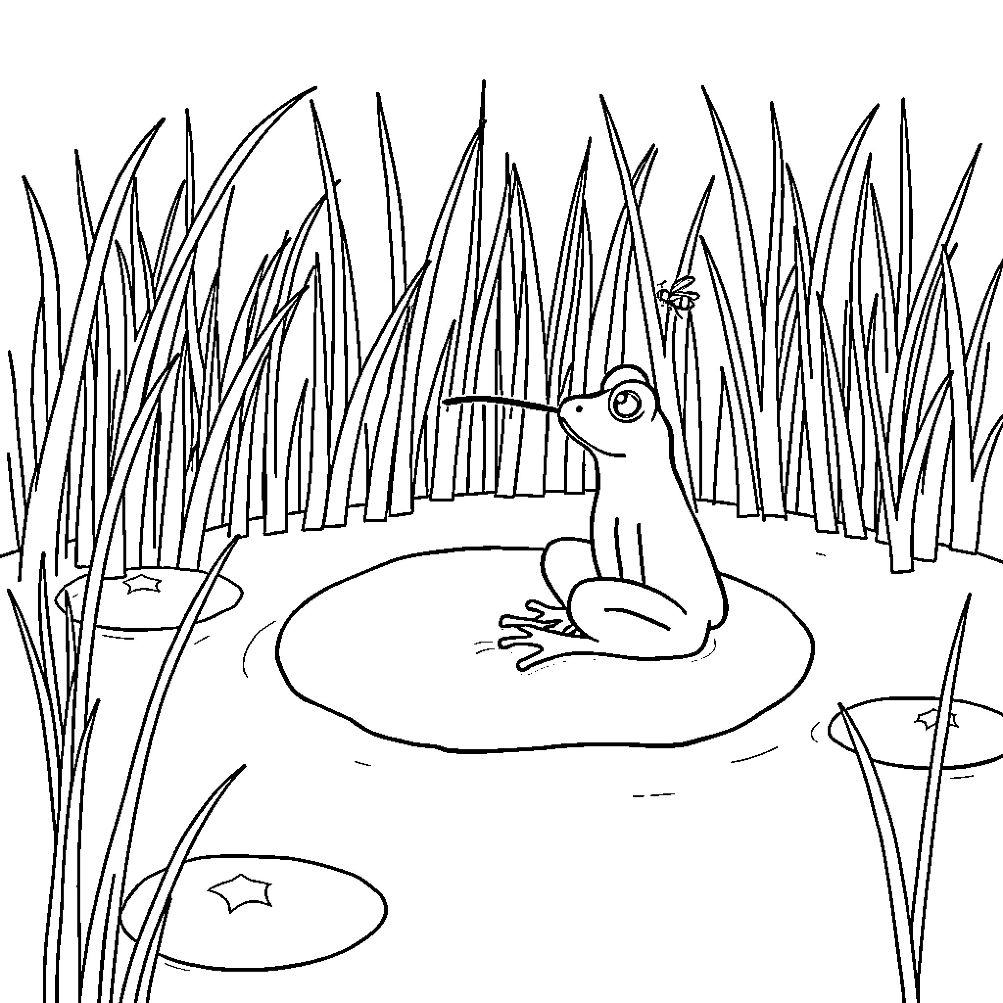 Frog relaxing in the pond Coloring Page (free black-and-white line drawing printable PDF for all, from beginners to advanced learners, including children, teens, adults, and seniors)