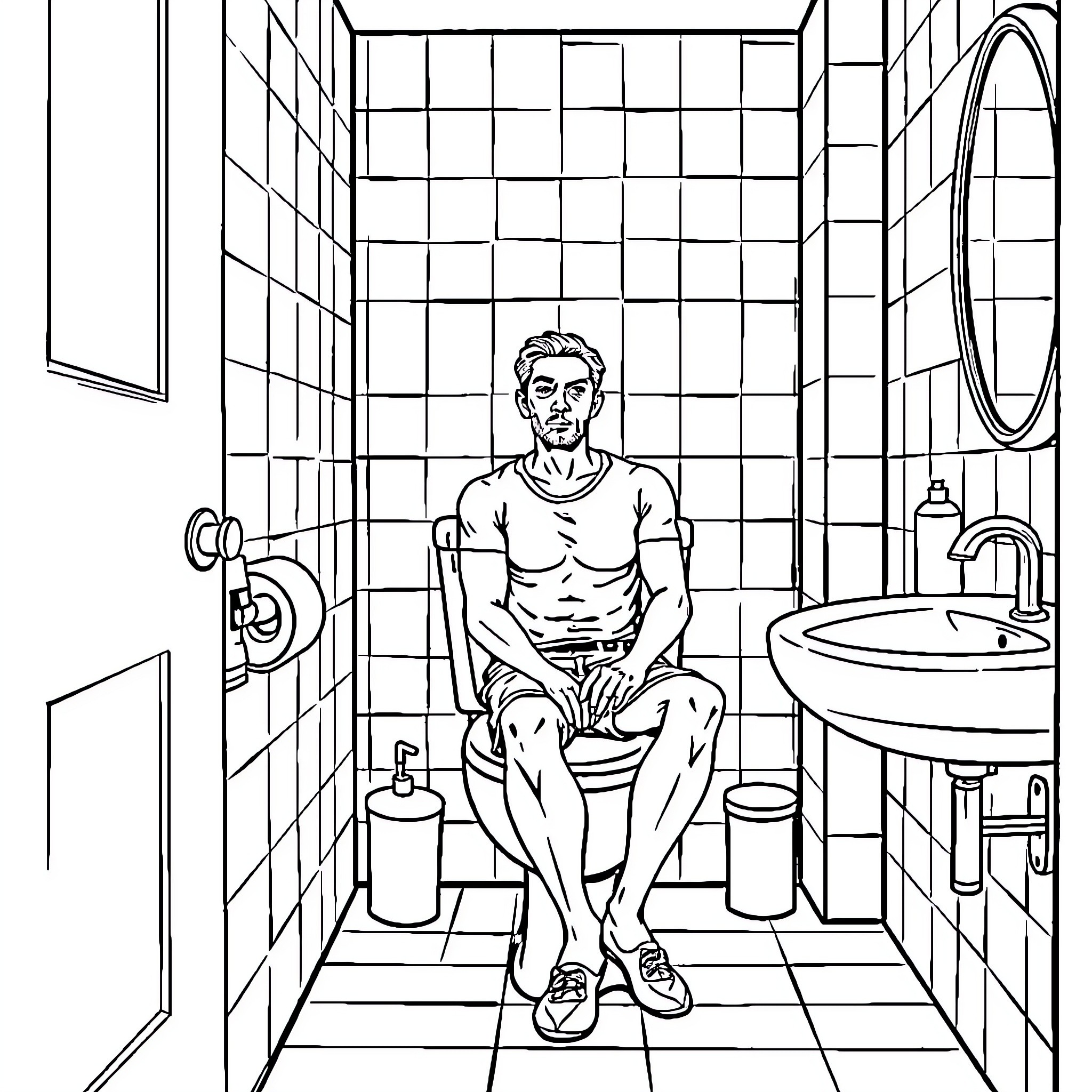 Man seated in bathroom contemplating Coloring Page (free black-and-white line drawing printable PDF for all, from beginners to advanced learners, including children, teens, adults, and seniors)