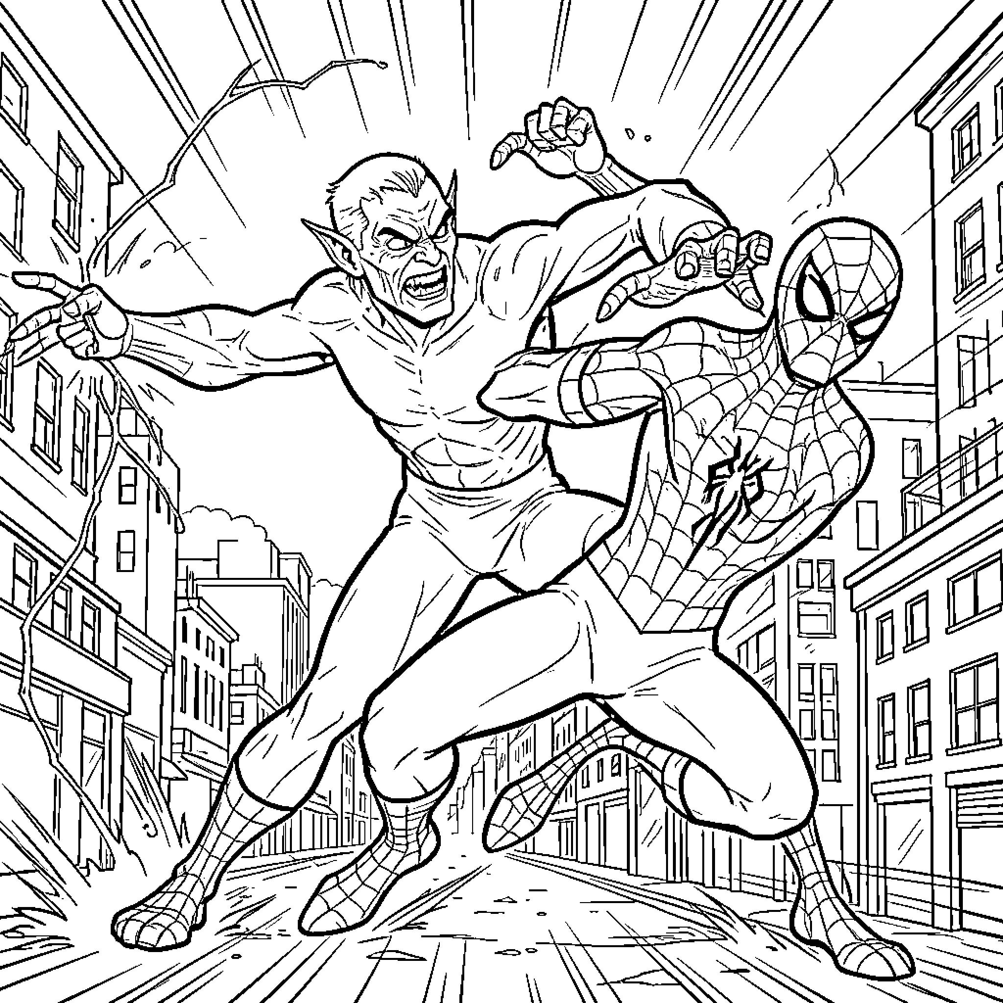 Goblin battling a superhero in a city street Coloring Page (free black-and-white line drawing printable PDF for all, from beginners to advanced learners, including children, teens, adults, and seniors)