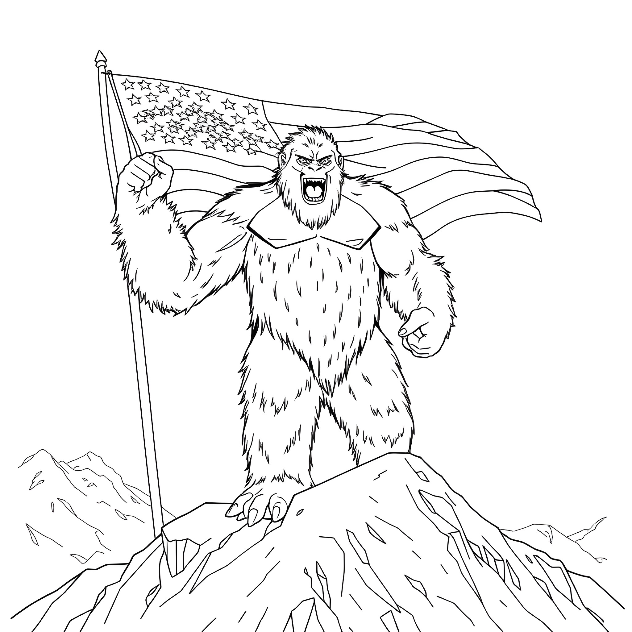Yeti proudly holding an American flag on a mountain peak Coloring Page (free black-and-white line drawing printable PDF for all, from beginners to advanced learners, including children, teens, adults, and seniors)