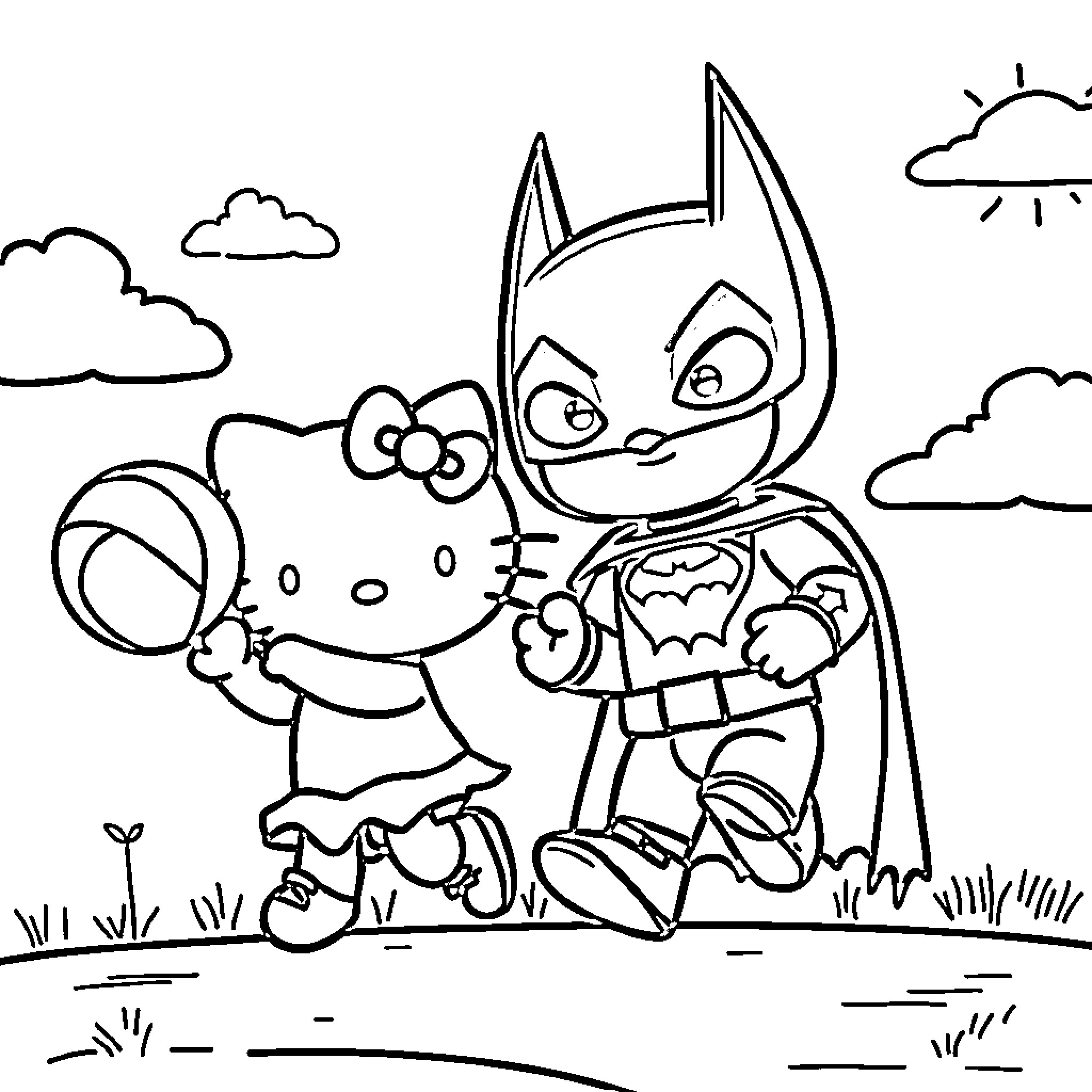 Hello Kitty and Batman playing together outdoors Coloring Page (free black-and-white line drawing printable PDF for all, from beginners to advanced learners, including children, teens, adults, and seniors)