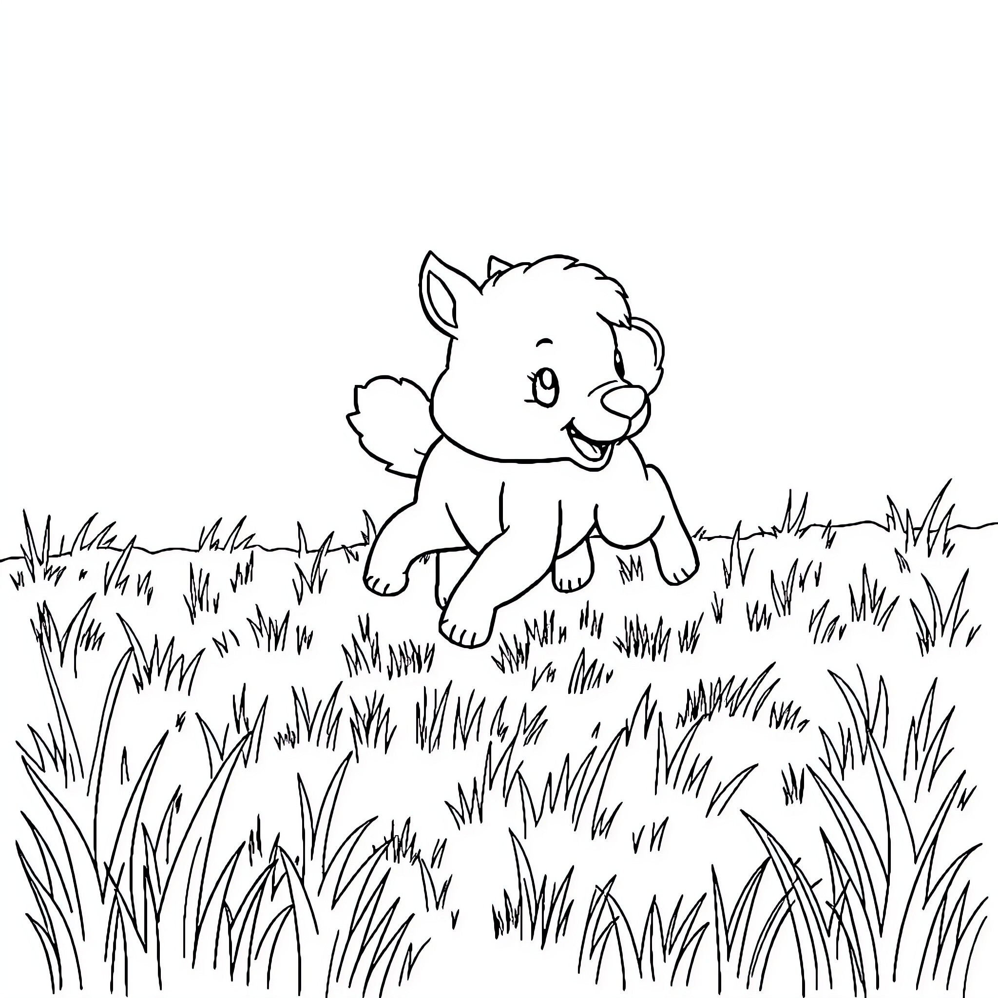 Animal playing happily in the meadow Coloring Page (free black-and-white line drawing printable PDF for all, from beginners to advanced learners, including children, teens, adults, and seniors)