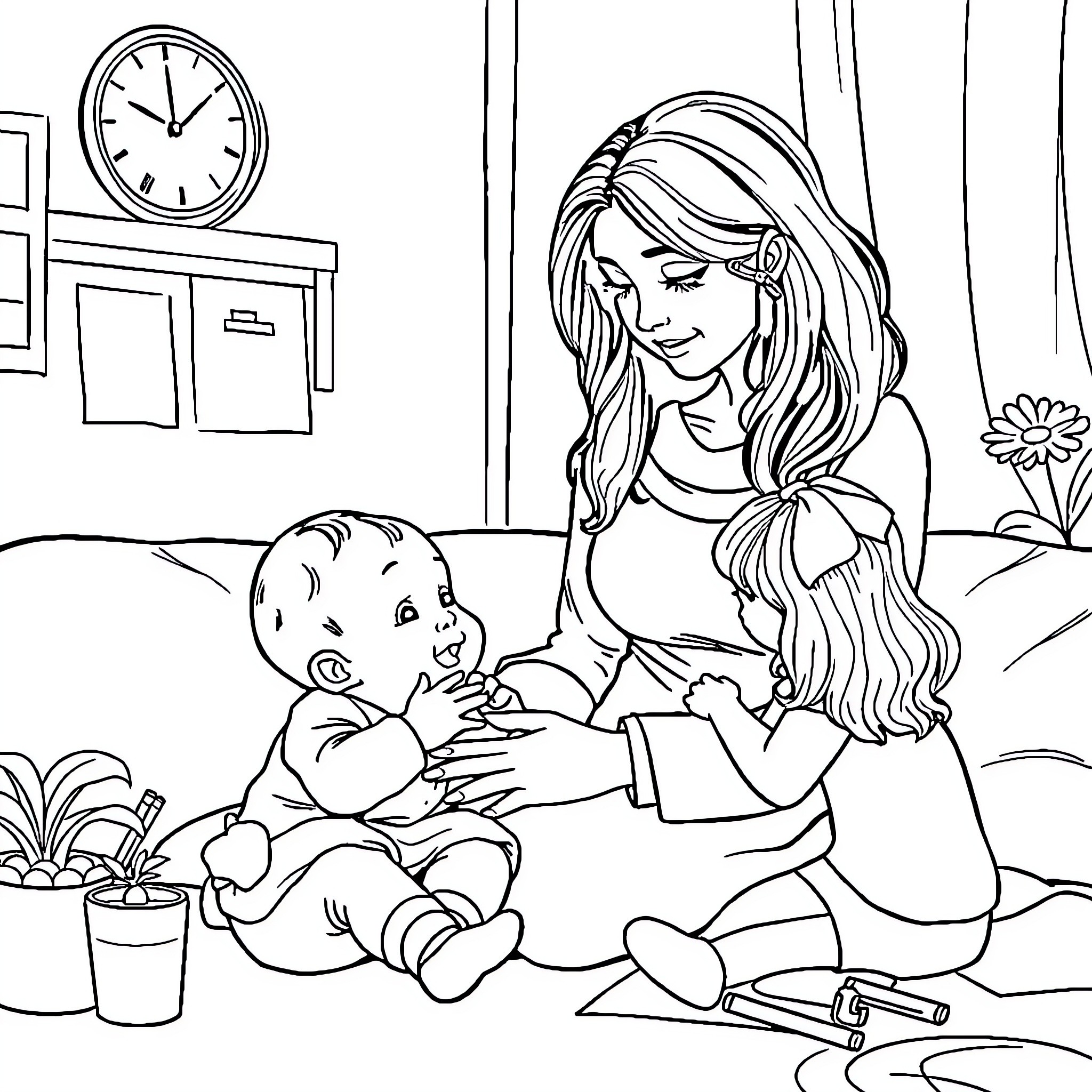 Mother Caring for Her Baby Coloring Page (free black-and-white line drawing printable PDF for all, from beginners to advanced learners, including children, teens, adults, and seniors)