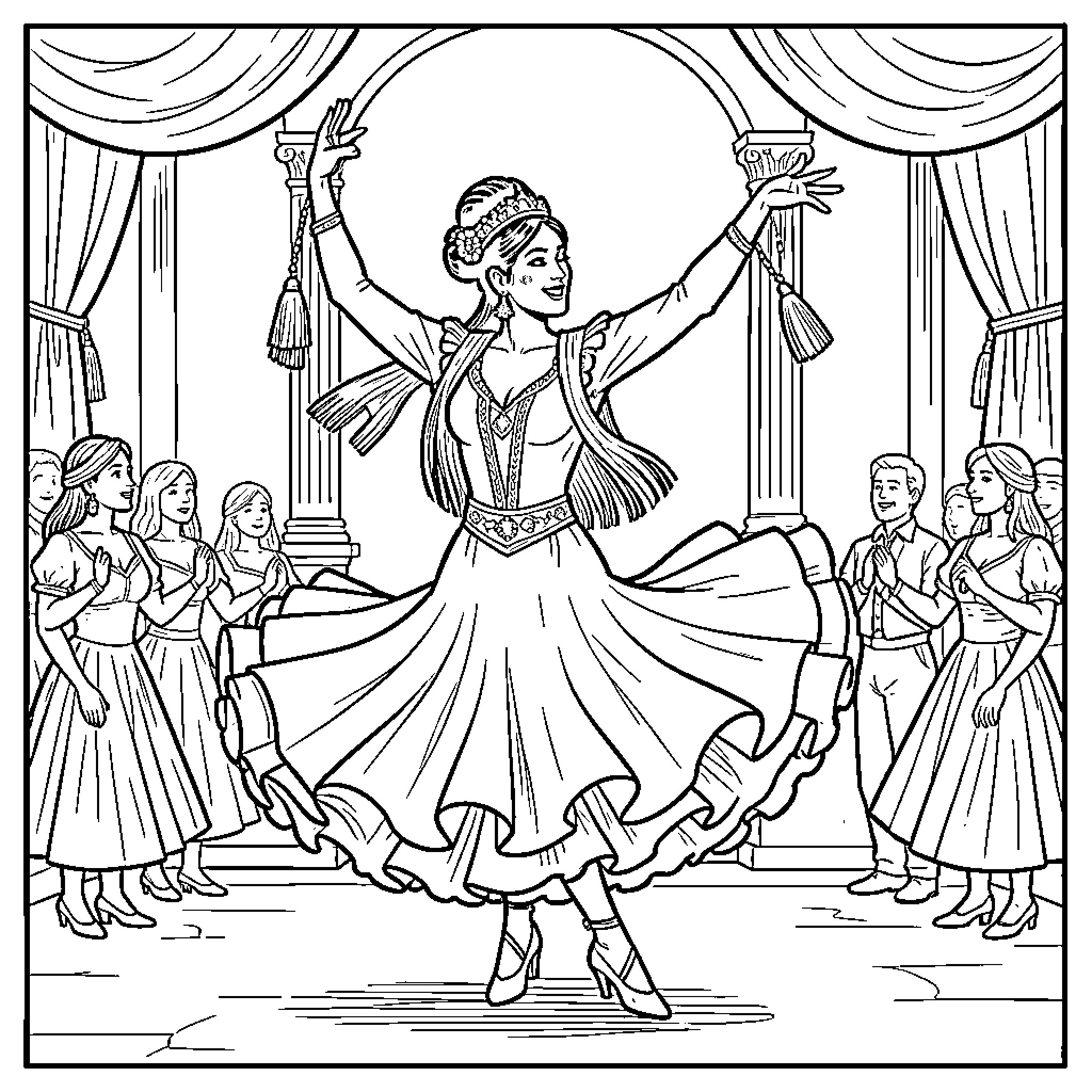 Huntrix princess dancing joyfully in a grand ballroom Coloring Page (free black-and-white line drawing printable PDF for all, from beginners to advanced learners, including children, teens, adults, and seniors)