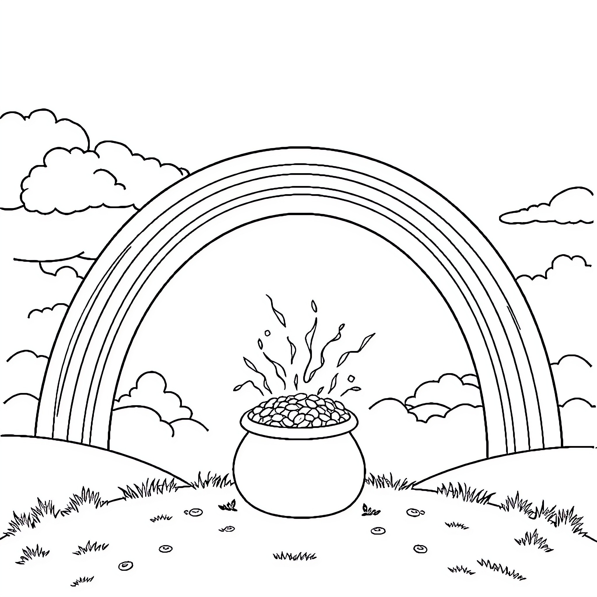 Rainbow Pot of Gold Under the Sky Coloring Page (free black-and-white line drawing printable PDF for all, from beginners to advanced learners, including children, teens, adults, and seniors)