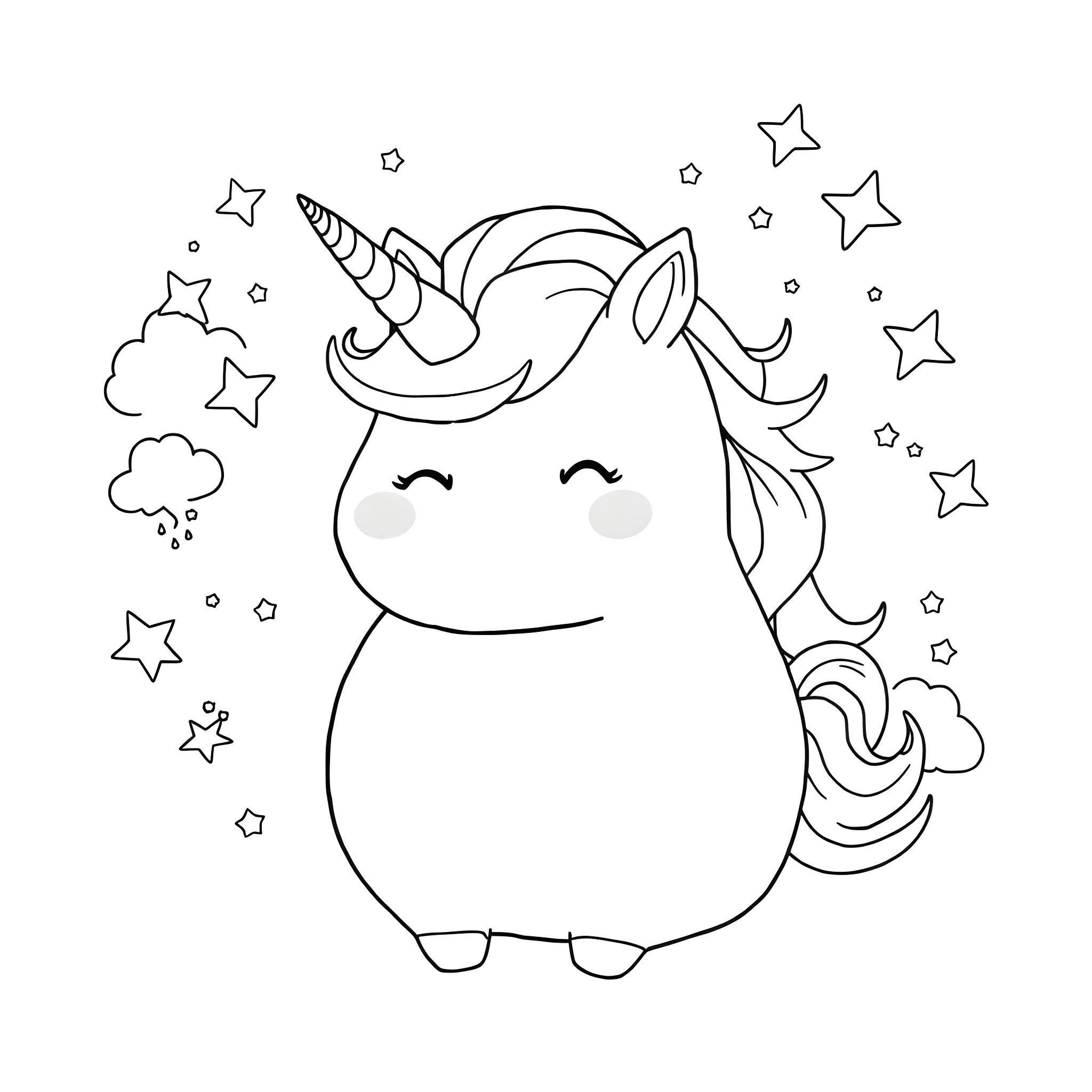 Unicorn surrounded by magical stars and clouds Coloring Page (free black-and-white line drawing printable PDF for all, from beginners to advanced learners, including children, teens, adults, and seniors)