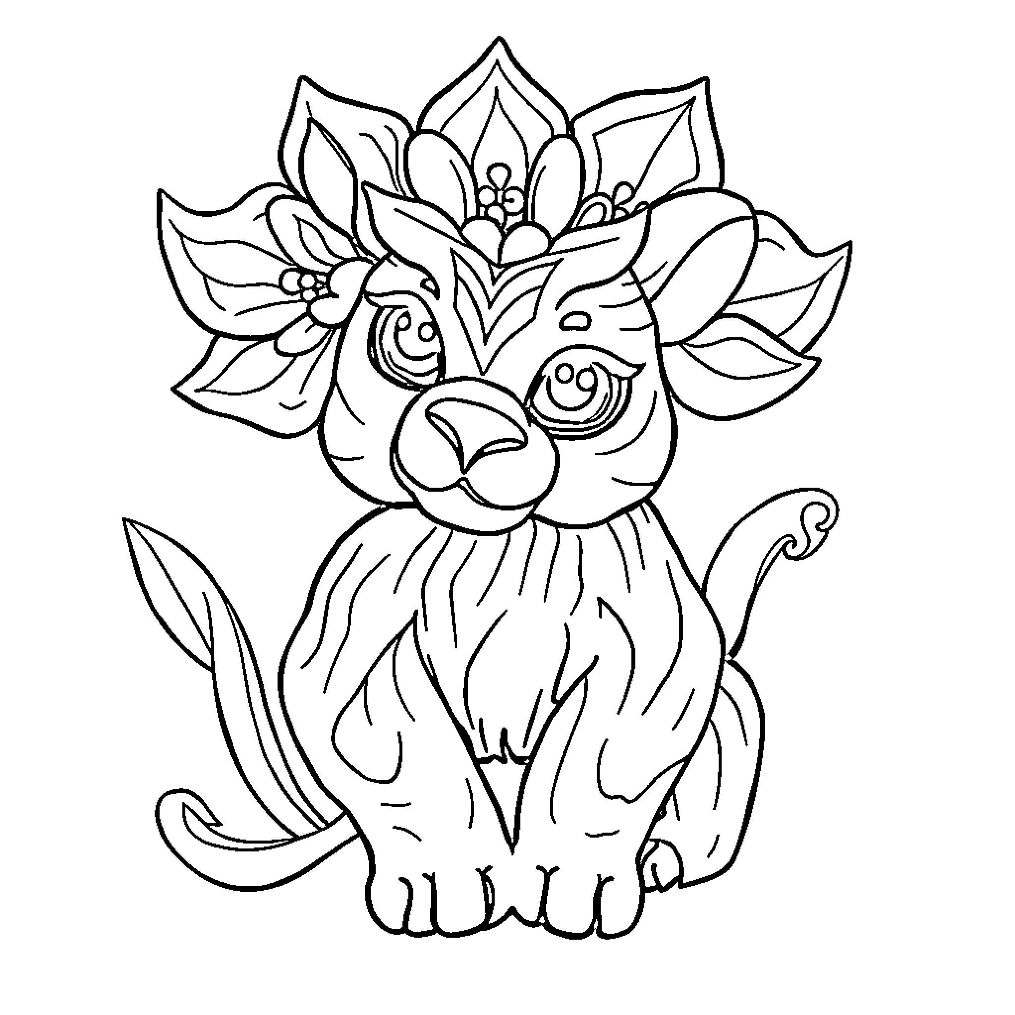 Generator Floral Dog Illustration Coloring Page (free black-and-white line drawing printable PDF for all, from beginners to advanced learners, including children, teens, adults, and seniors)