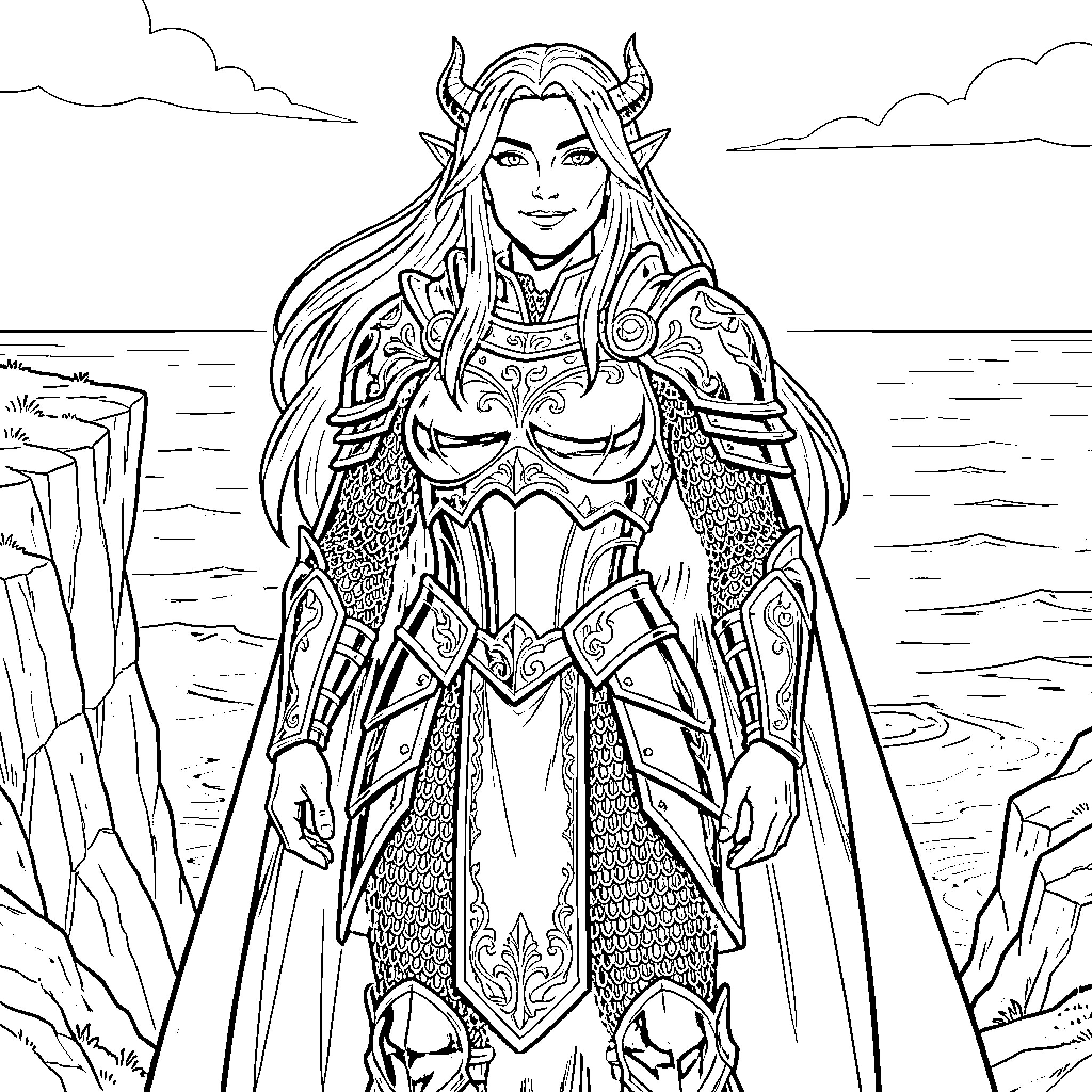 Elven Warrior standing heroically in ornate armor Coloring Page (free black-and-white line drawing printable PDF for all, from beginners to advanced learners, including children, teens, adults, and seniors)