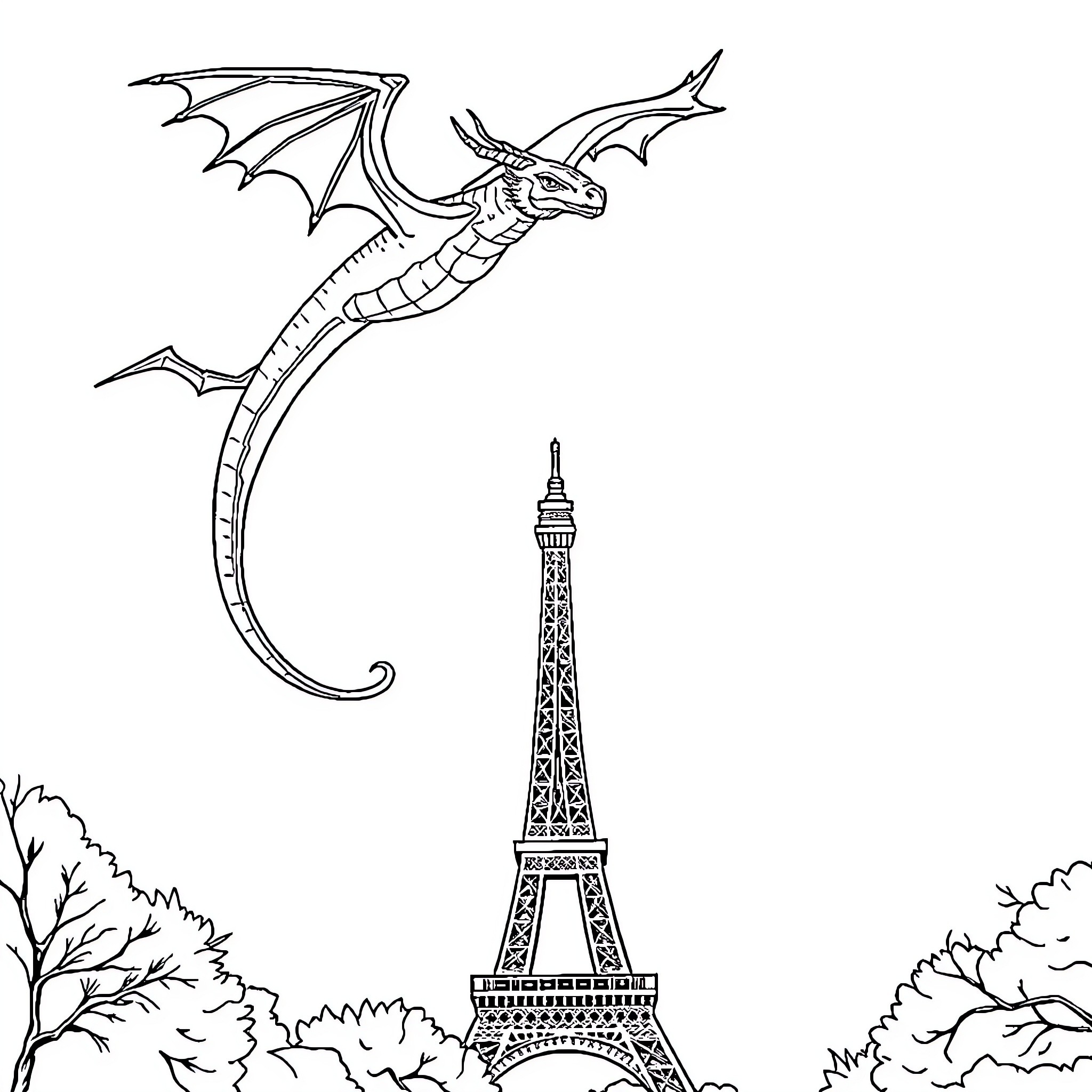 Dragon soaring over the Eiffel Tower Coloring Page (free black-and-white line drawing printable PDF for all, from beginners to advanced learners, including children, teens, adults, and seniors)