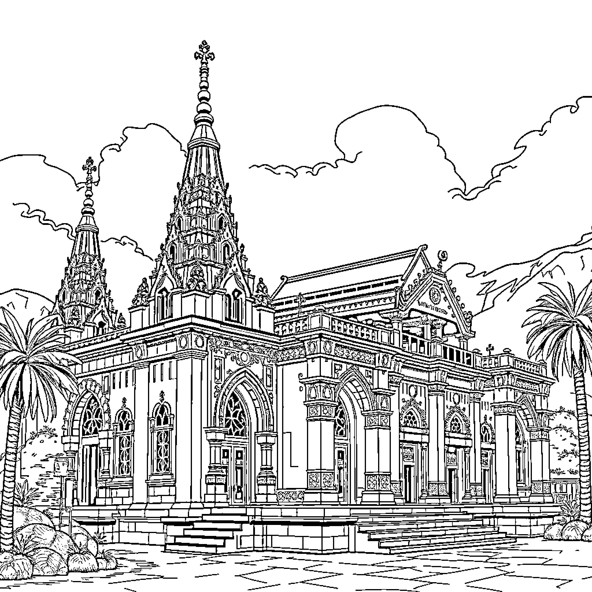 Temple with intricate architecture and ornate details Coloring Page (free black-and-white line drawing printable PDF for all, from beginners to advanced learners, including children, teens, adults, and seniors)