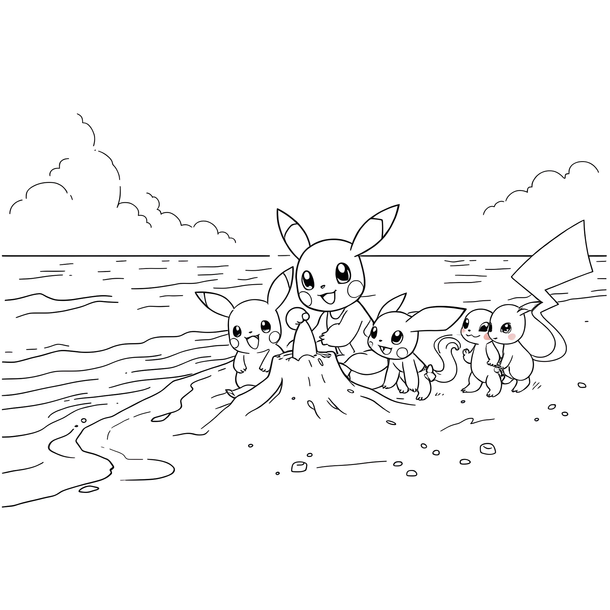 Bluey and friends playing by the sea Coloring Page (free black-and-white line drawing printable PDF for all, from beginners to advanced learners, including children, teens, adults, and seniors)