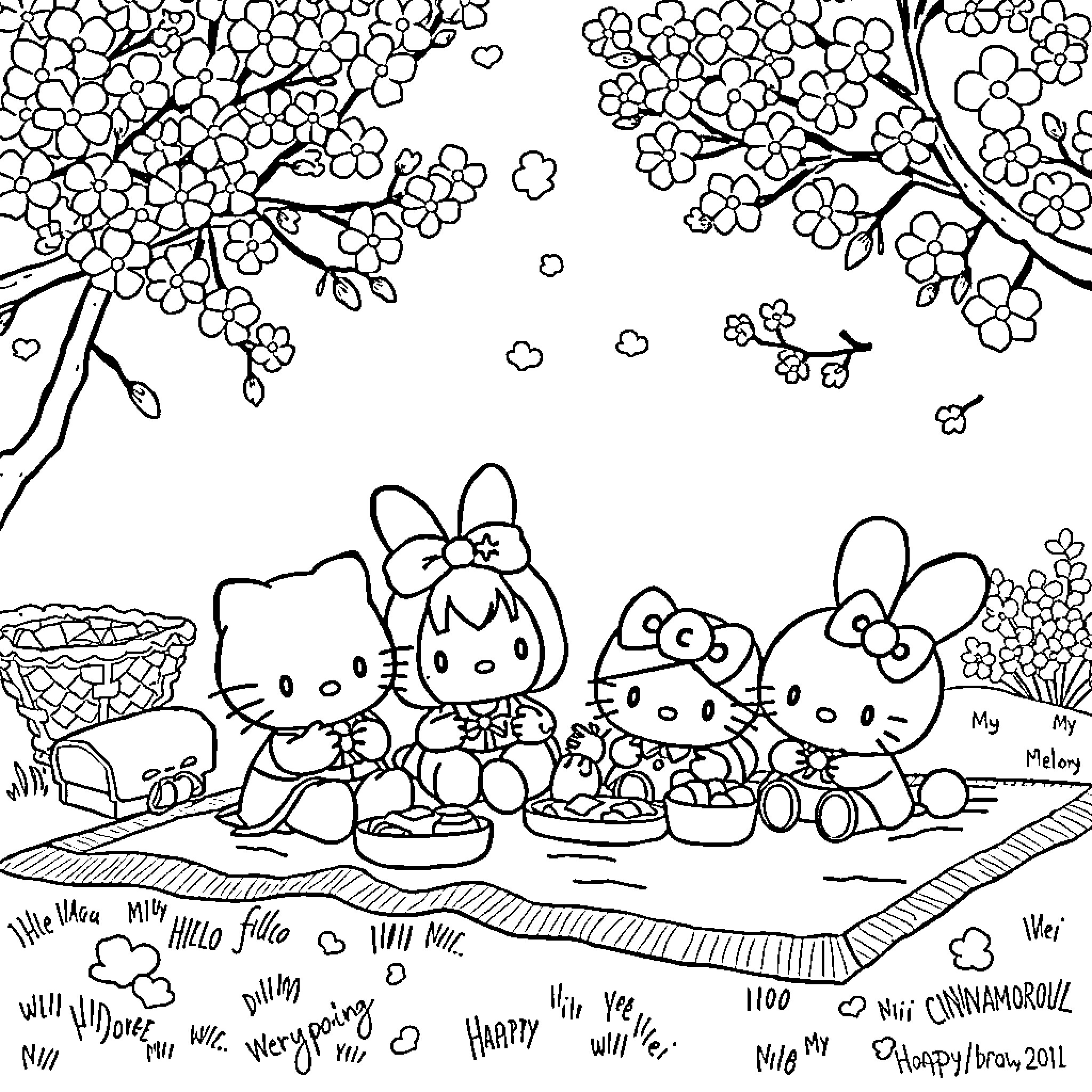 Hello Kitty having a picnic with friends in nature Coloring Page (free black-and-white line drawing printable PDF for all, from beginners to advanced learners, including children, teens, adults, and seniors)