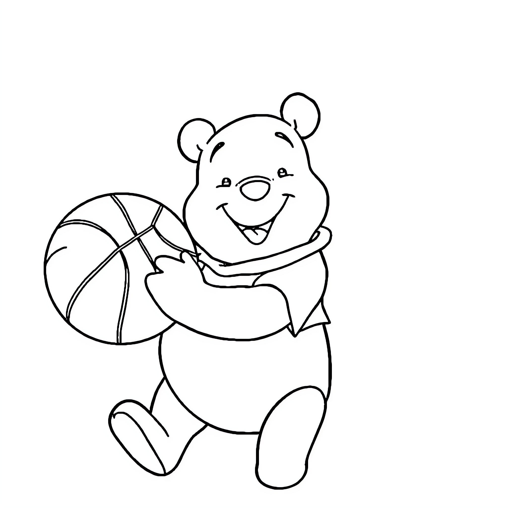 Winnie The Pooh playing with a basketball Coloring Page (free black-and-white line drawing printable PDF for all, from beginners to advanced learners, including children, teens, adults, and seniors)
