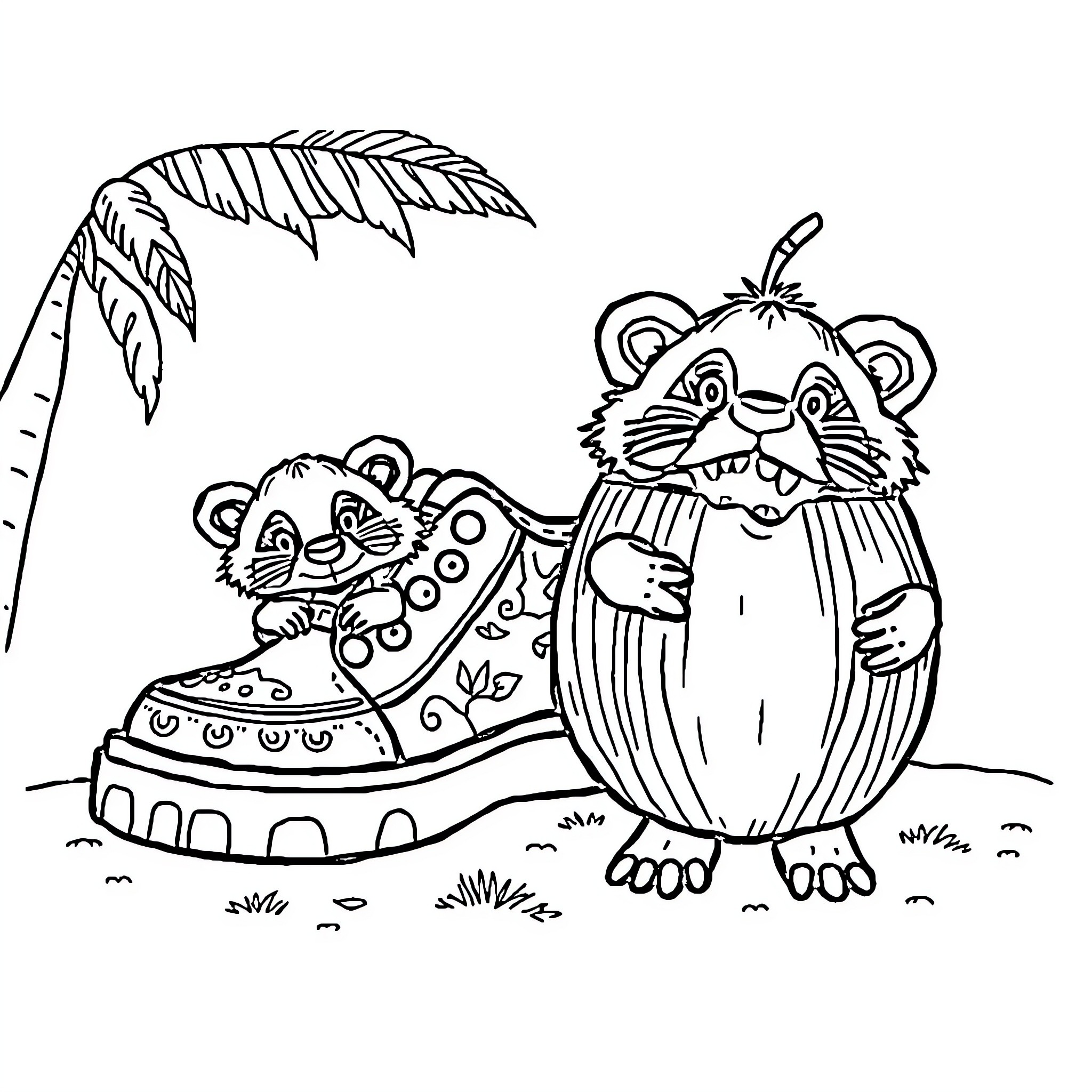 Shoe with playful animal characters in nature Coloring Page (free black-and-white line drawing printable PDF for all, from beginners to advanced learners, including children, teens, adults, and seniors)