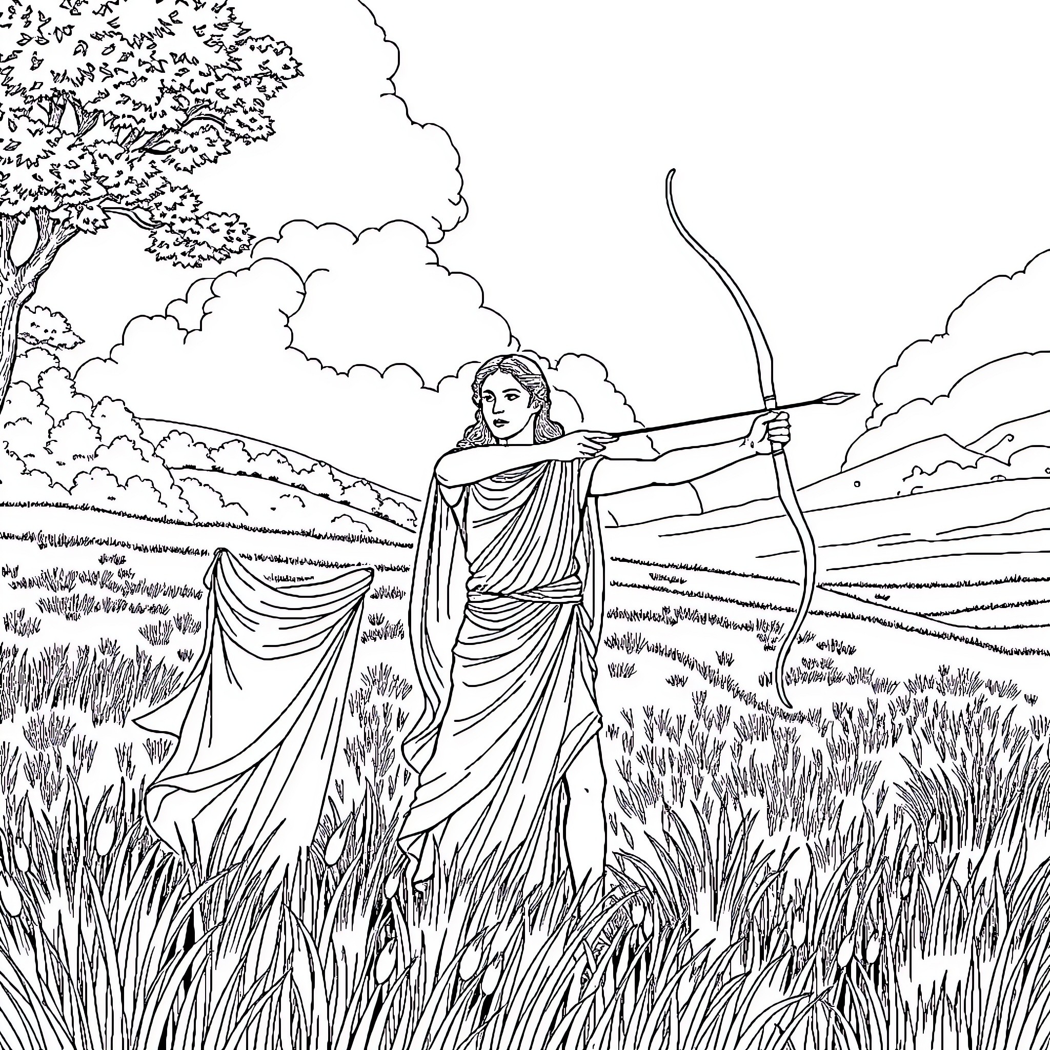 Athena, the Greek Goddess, Aiming Her Bow in a Serene Landscape Coloring Page (free black-and-white line drawing printable PDF for all, from beginners to advanced learners, including children, teens, adults, and seniors)