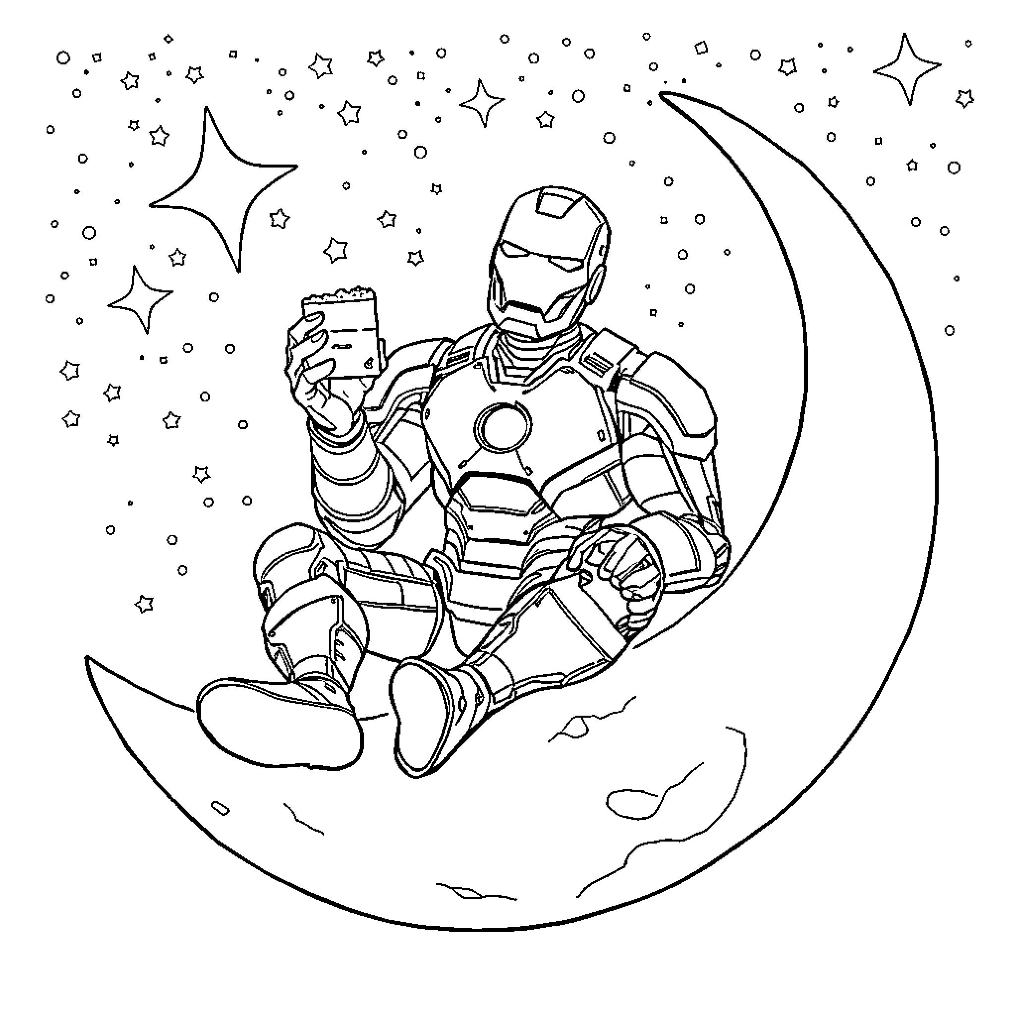 Ironman exploring the night sky on the moon Coloring Page (free black-and-white line drawing printable PDF for all, from beginners to advanced learners, including children, teens, adults, and seniors)