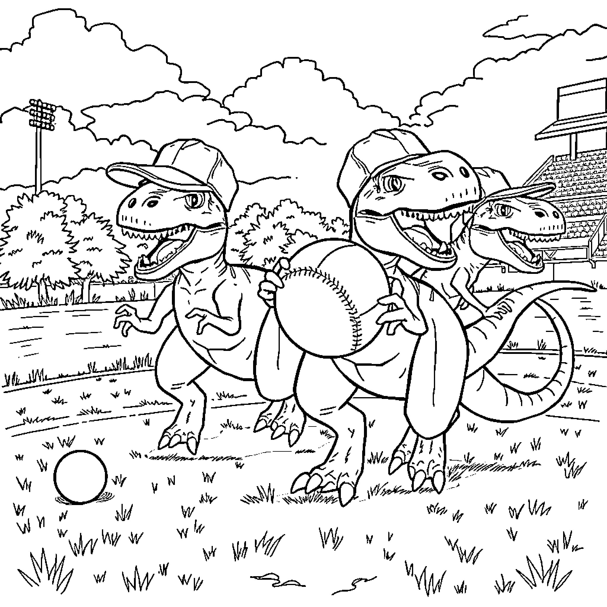 Velociraptor Baseball Players on the Field Coloring Page (free black-and-white line drawing printable PDF for all, from beginners to advanced learners, including children, teens, adults, and seniors)