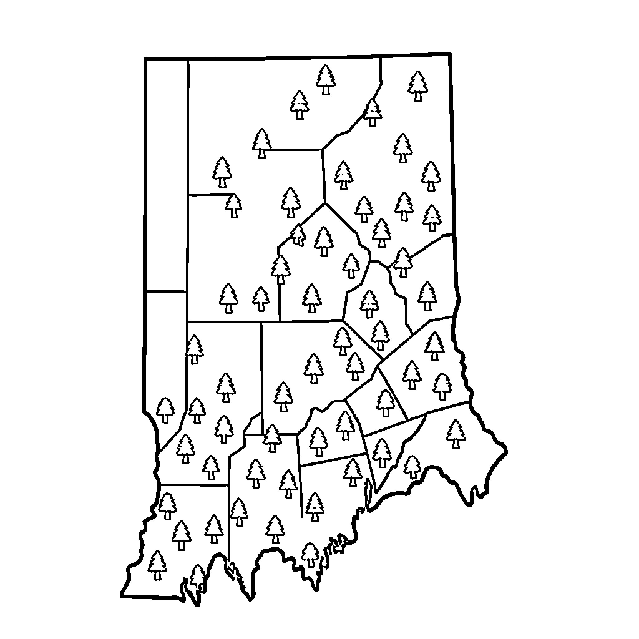 Map of stylized pine trees across Indiana Coloring Page (free black-and-white line drawing printable PDF for all, from beginners to advanced learners, including children, teens, adults, and seniors)