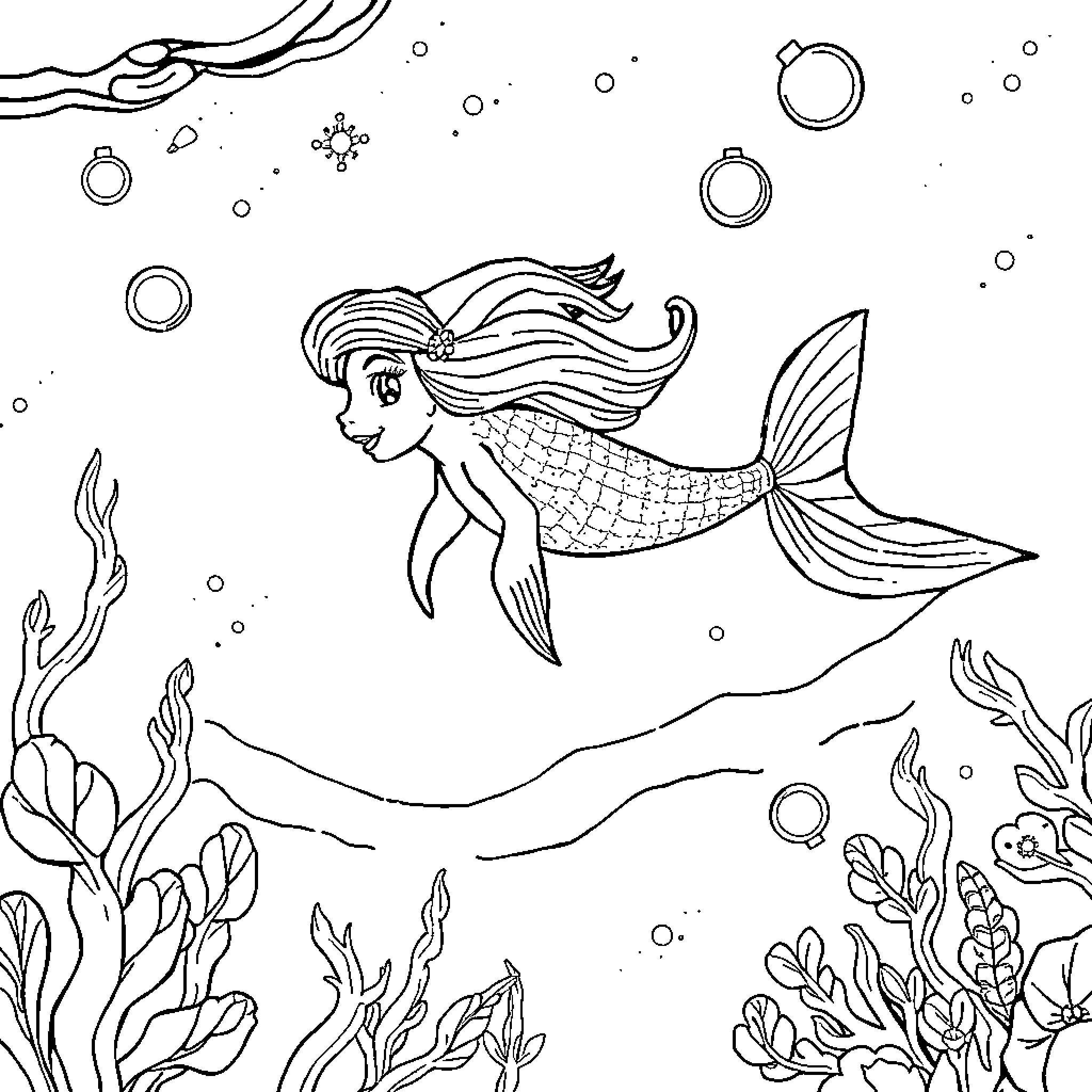 Sirenita exploring the underwater world Coloring Page (free black-and-white line drawing printable PDF for all, from beginners to advanced learners, including children, teens, adults, and seniors)