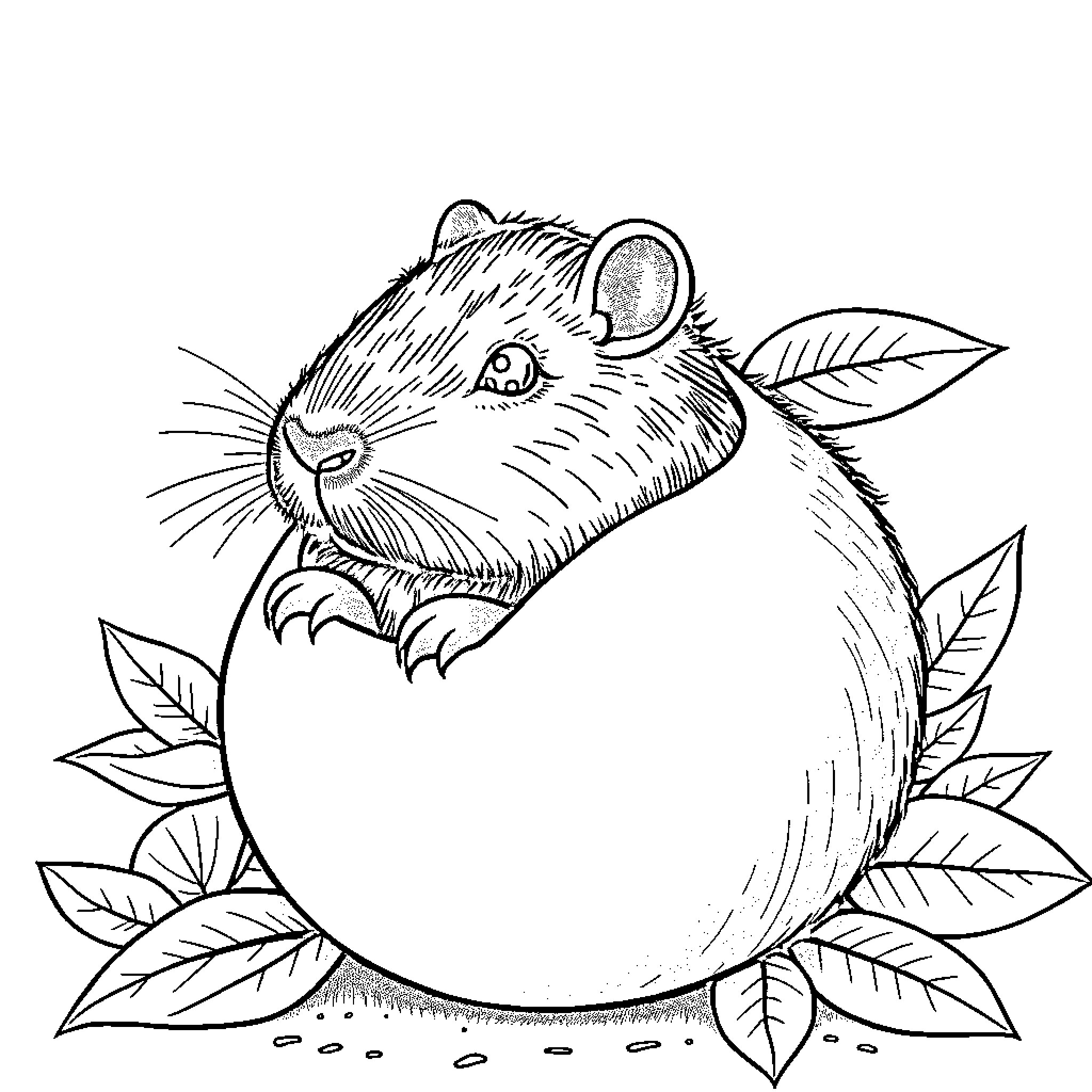 Capybara surrounded by lush greenery Coloring Page (free black-and-white line drawing printable PDF for all, from beginners to advanced learners, including children, teens, adults, and seniors)