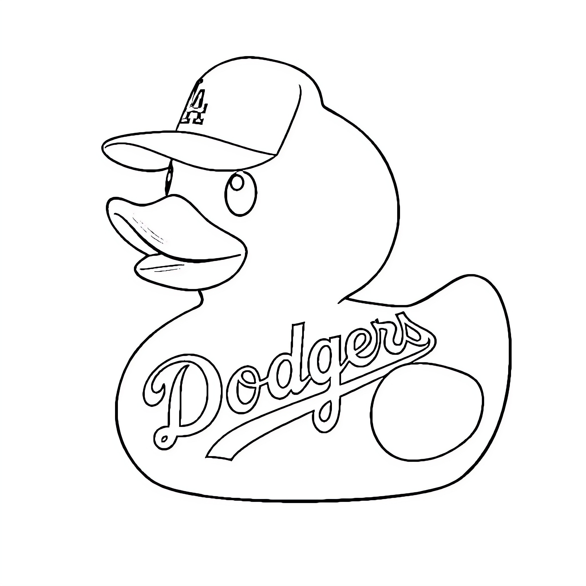 Rubber Duck Wearing Baseball Cap and Jersey Coloring Page (free black-and-white line drawing printable PDF for all, from beginners to advanced learners, including children, teens, adults, and seniors)
