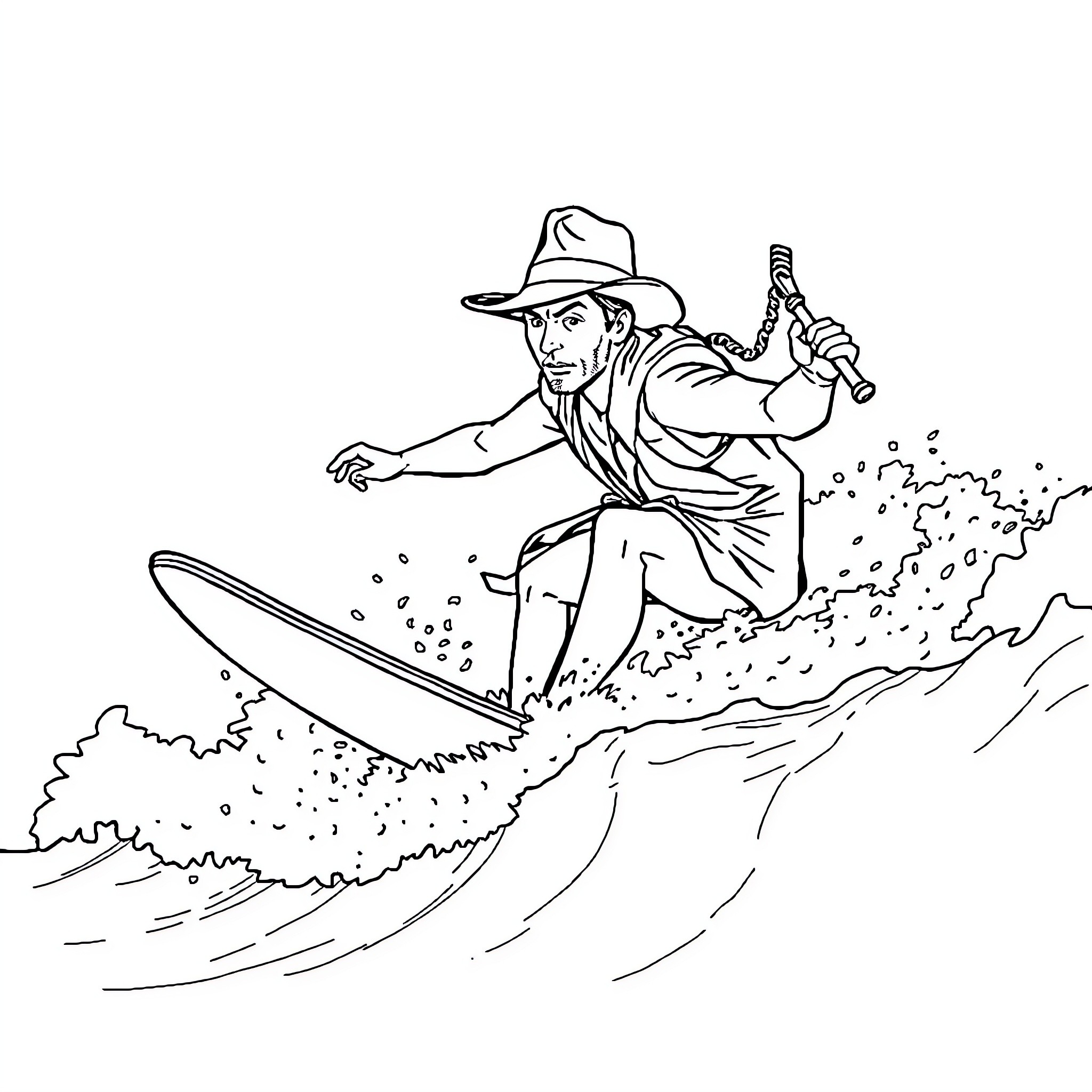 Indiana Jones riding a wave of adventure Coloring Page (free black-and-white line drawing printable PDF for all, from beginners to advanced learners, including children, teens, adults, and seniors)