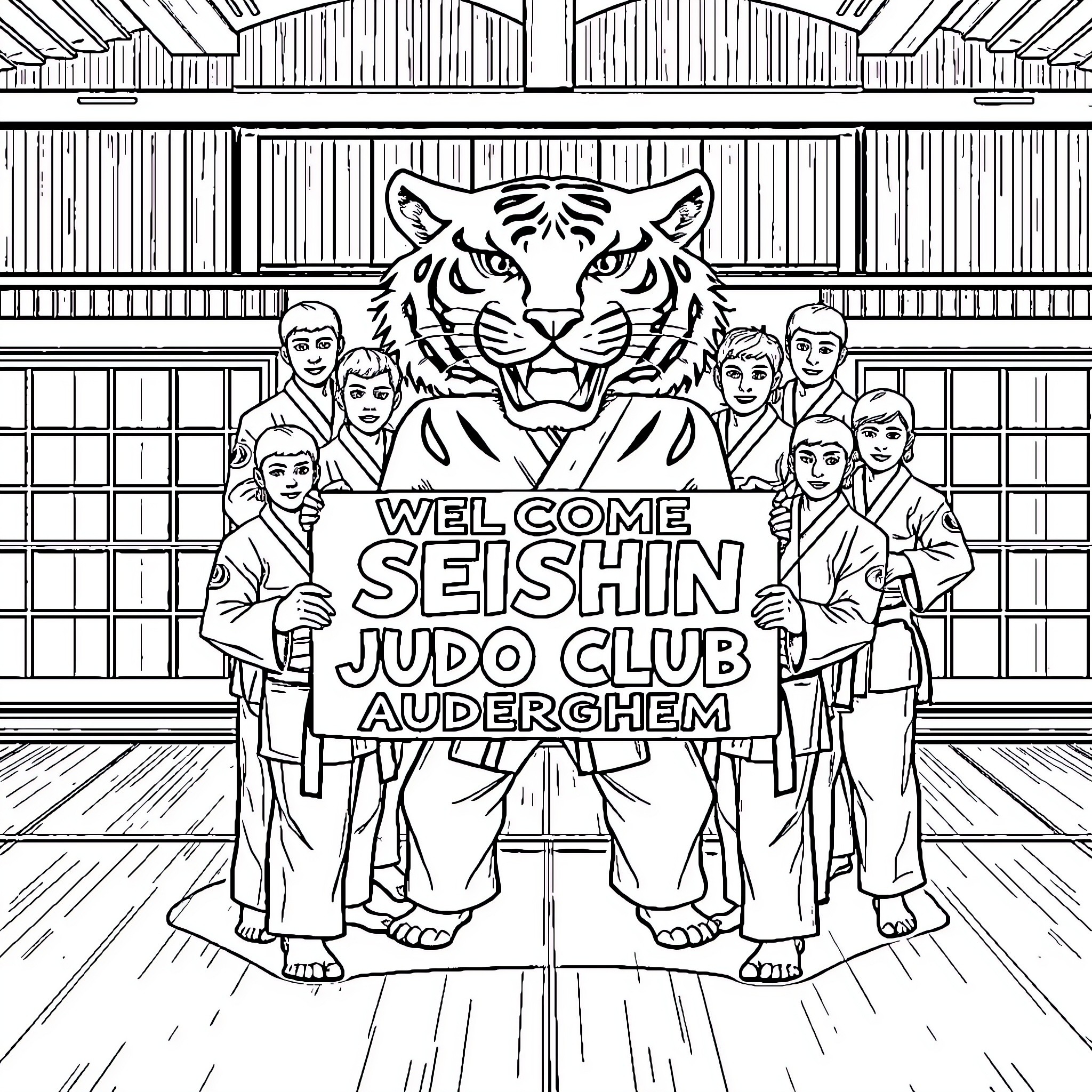 Tiger welcomes Seishin judo club at Auderghem Coloring Page (free black-and-white line drawing printable PDF for all, from beginners to advanced learners, including children, teens, adults, and seniors)