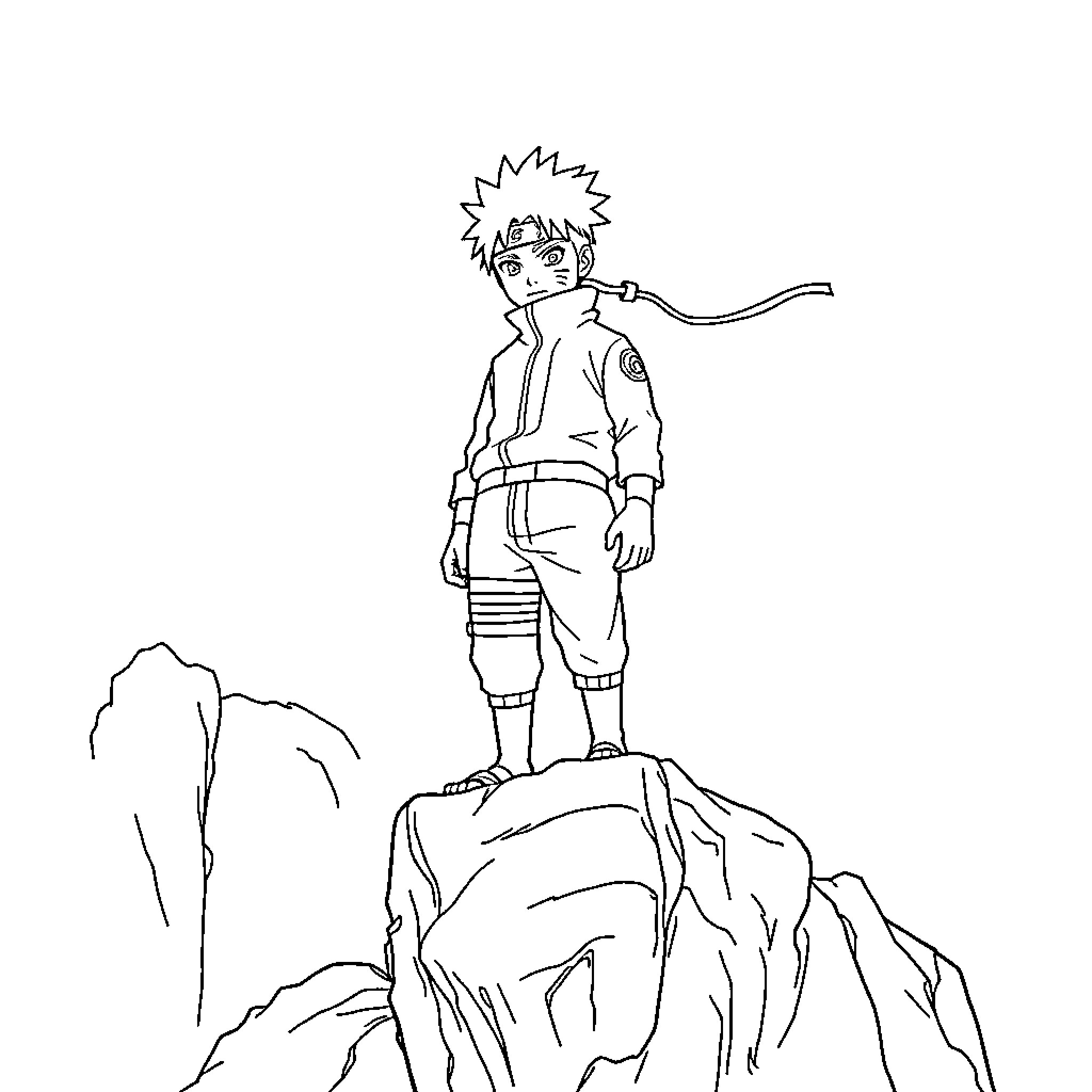 Naruto standing triumphantly on a rocky cliff Coloring Page (free black-and-white line drawing printable PDF for all, from beginners to advanced learners, including children, teens, adults, and seniors)
