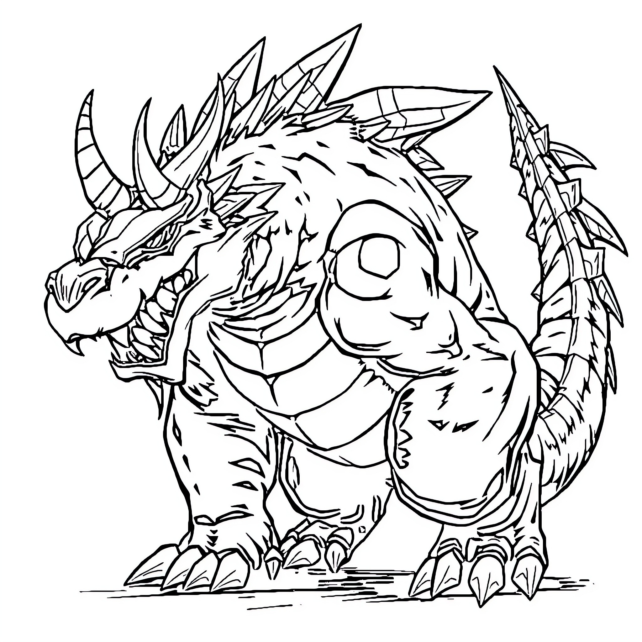 Monster Dragon Fiercely Roaring in Attack Pose Coloring Page (free black-and-white line drawing printable PDF for all, from beginners to advanced learners, including children, teens, adults, and seniors)