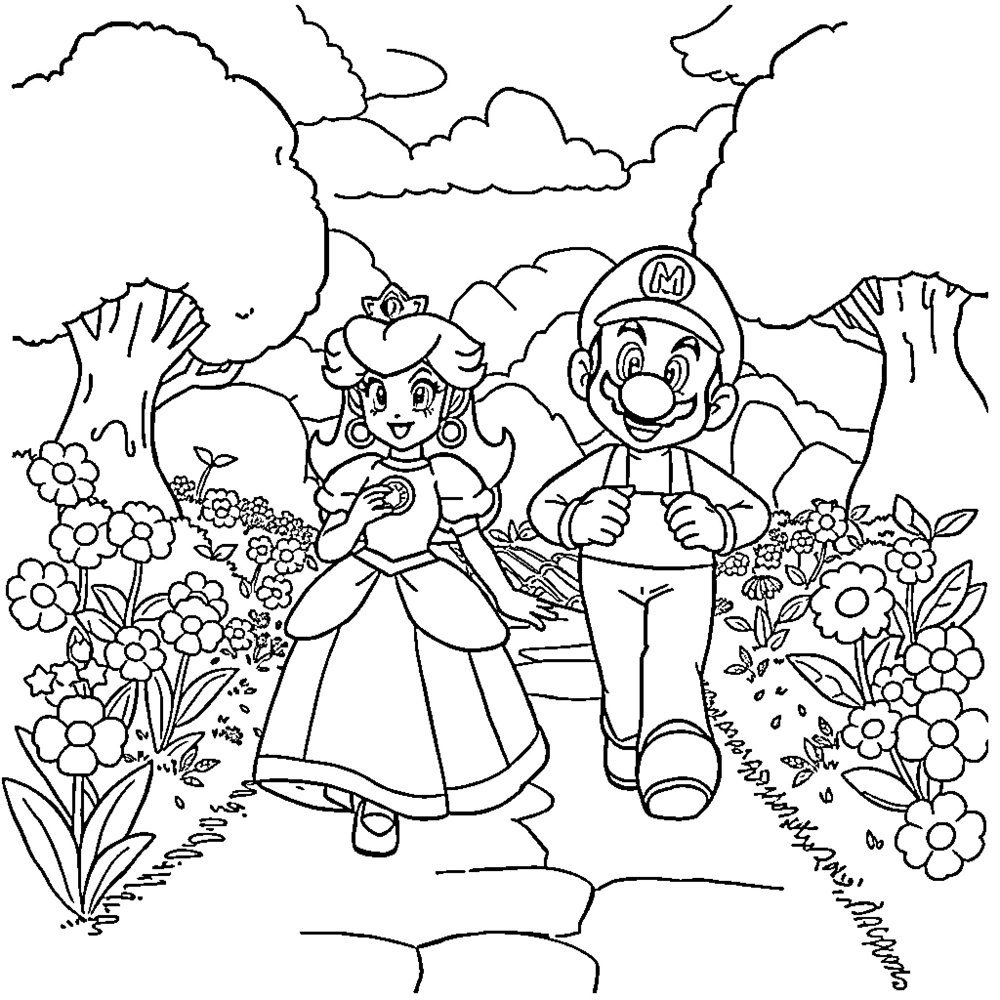 Princess and Plumber Explore Magical Garden Coloring Page (free black-and-white line drawing printable PDF for all, from beginners to advanced learners, including children, teens, adults, and seniors)