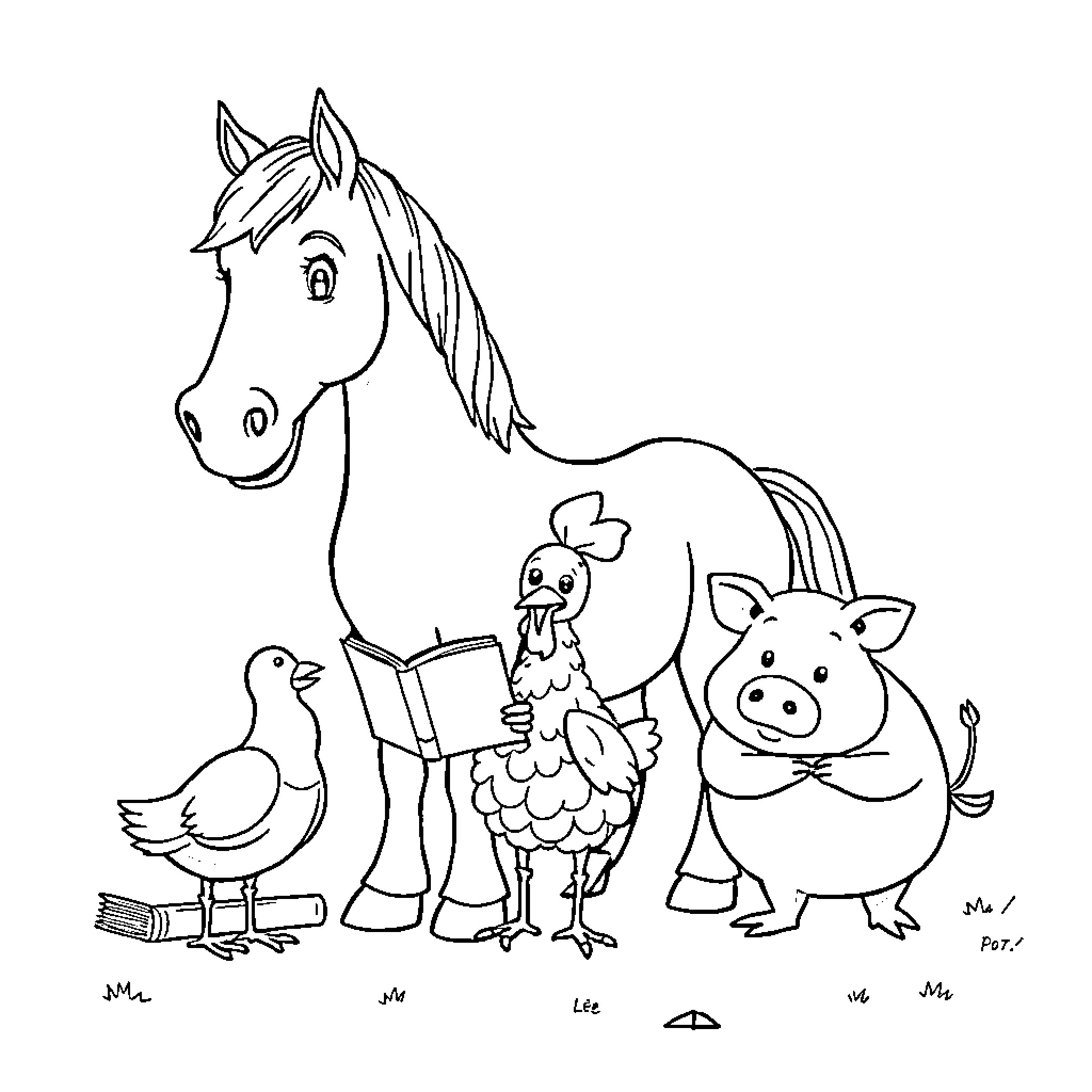 Cheval and Friends on the Farm Coloring Page (free black-and-white line drawing printable PDF for all, from beginners to advanced learners, including children, teens, adults, and seniors)