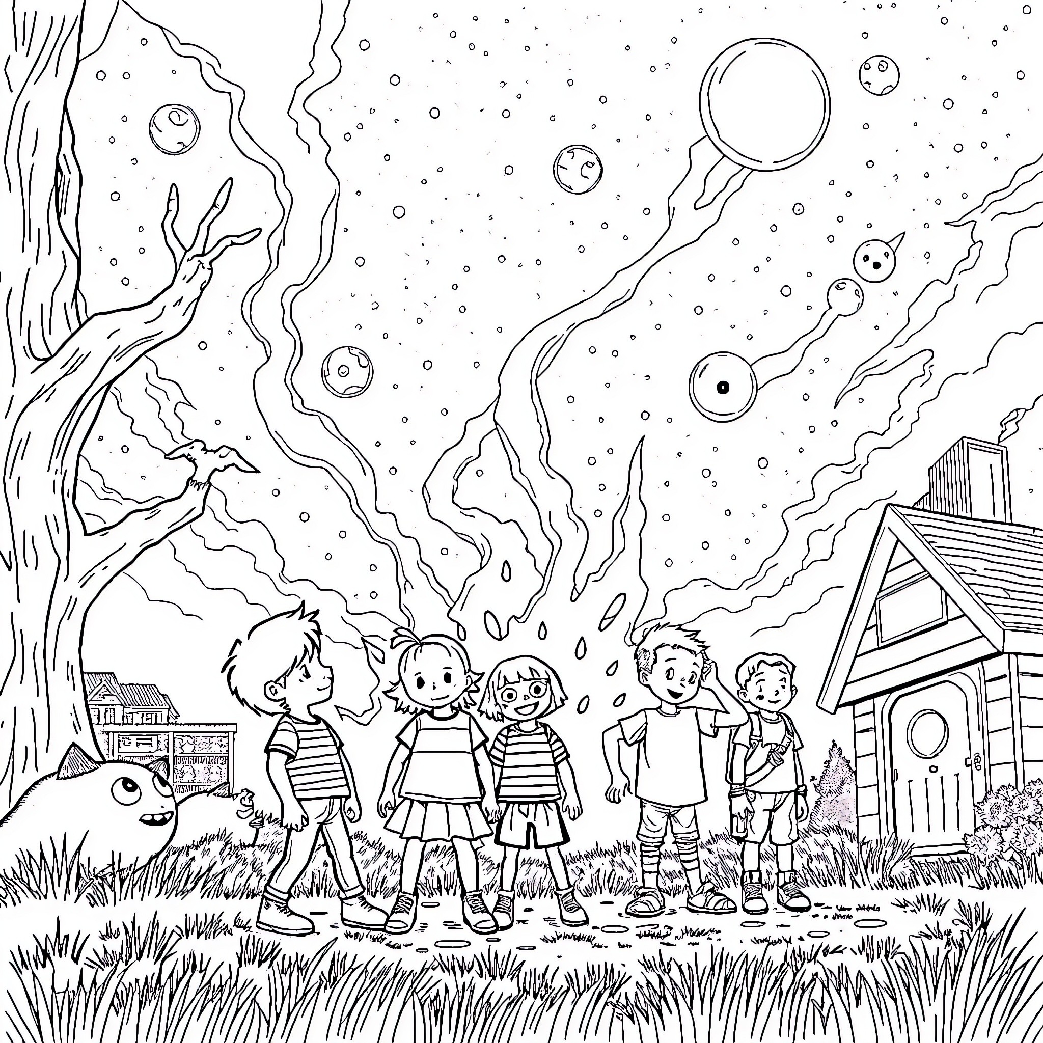 Stranger Things in an Otherworldly Night Coloring Page (free black-and-white line drawing printable PDF for all, from beginners to advanced learners, including children, teens, adults, and seniors)