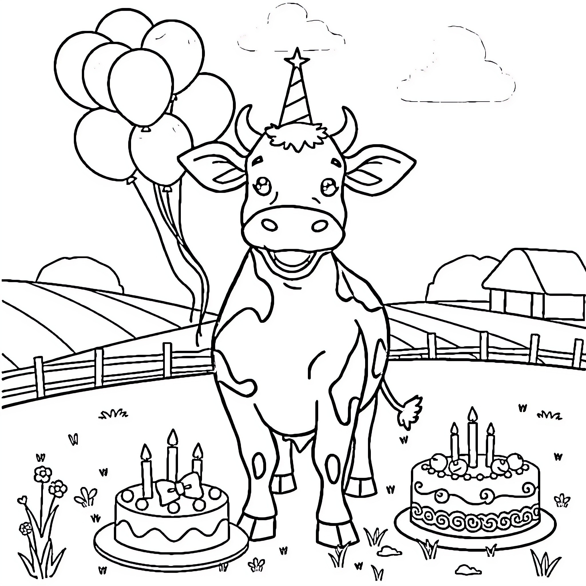 Cow celebrating with balloons and birthday cakes Coloring Page (free black-and-white line drawing printable PDF for all, from beginners to advanced learners, including children, teens, adults, and seniors)