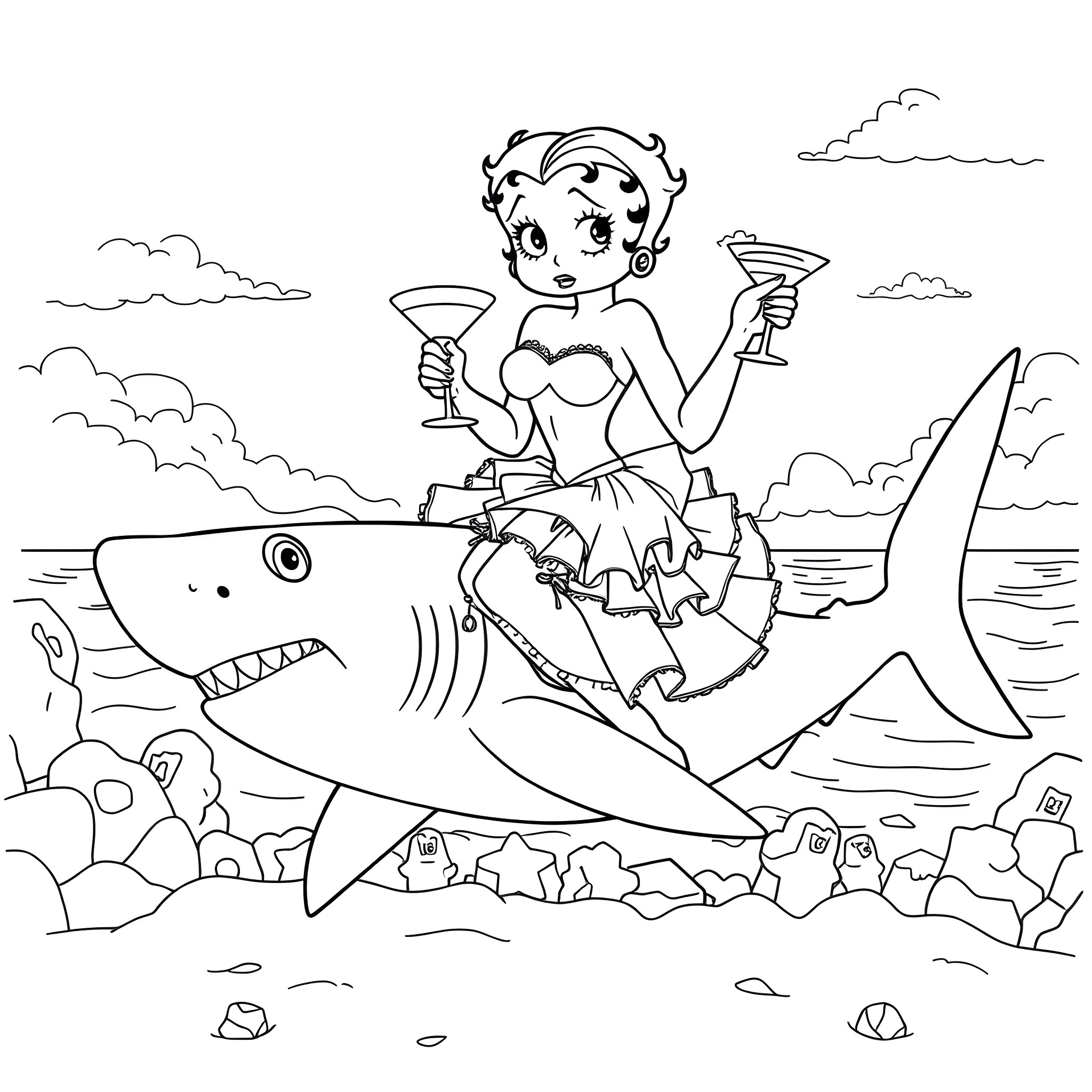 Betty Boop's Underwater Adventure Coloring Page (free black-and-white line drawing printable PDF for all, from beginners to advanced learners, including children, teens, adults, and seniors)