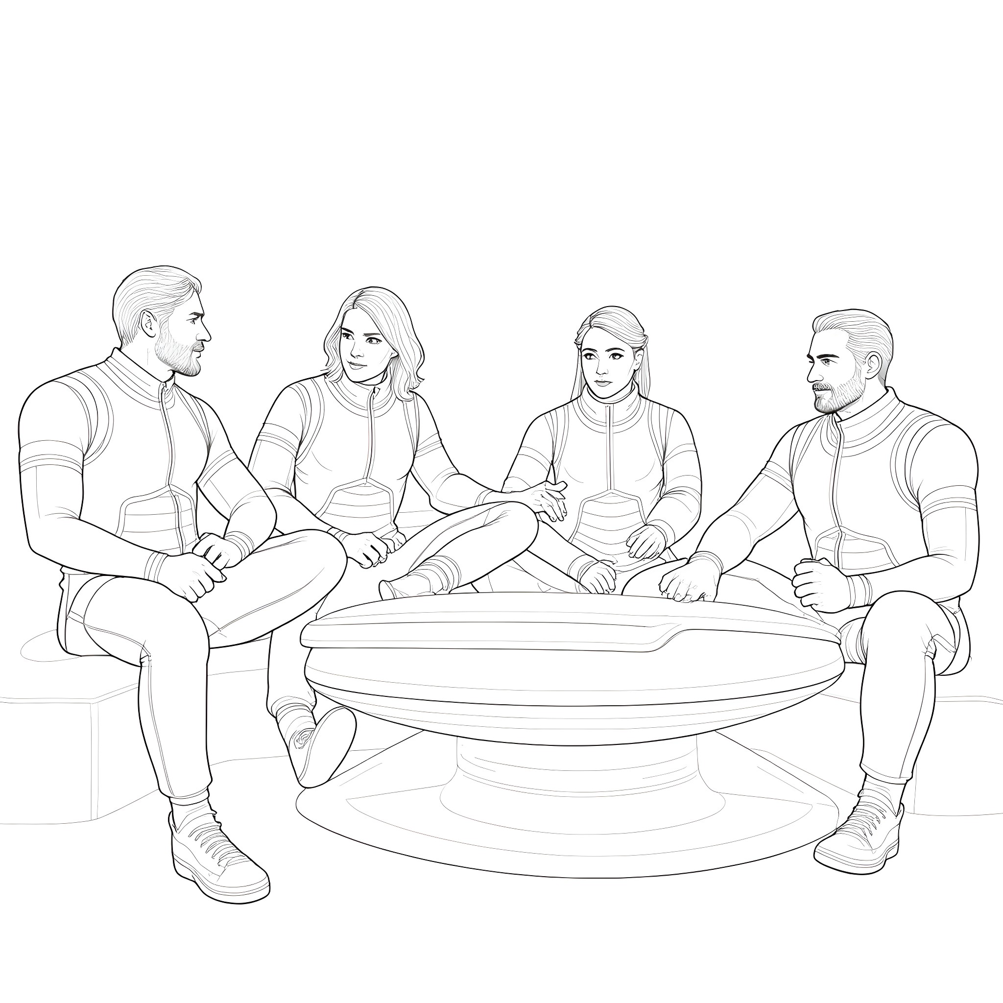 Mass Effect Characters Gathering Around a Futuristic Table Coloring Page (free black-and-white line drawing printable PDF for all, from beginners to advanced learners, including children, teens, adults, and seniors)