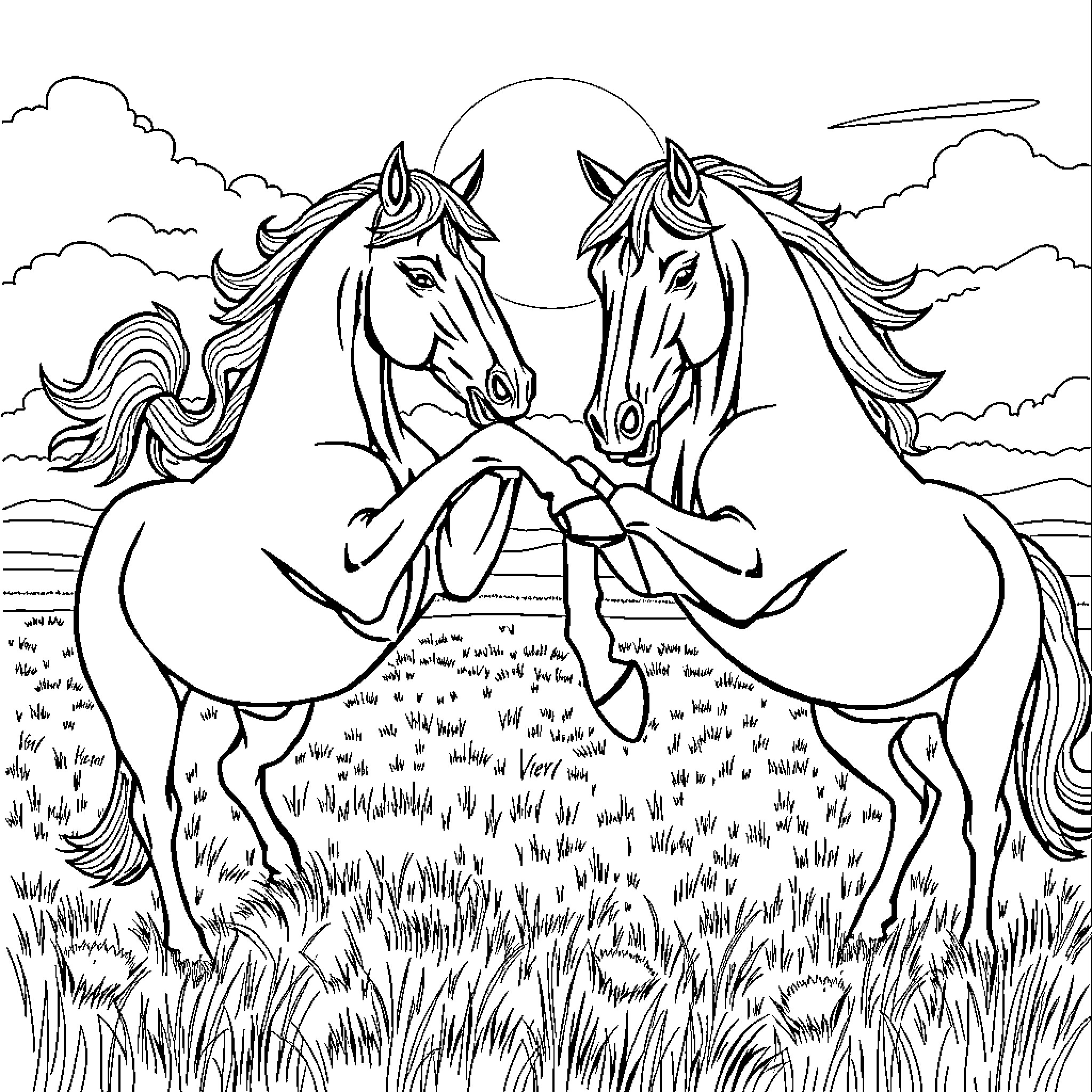 Horse friends exploring the countryside Coloring Page (free black-and-white line drawing printable PDF for all, from beginners to advanced learners, including children, teens, adults, and seniors)