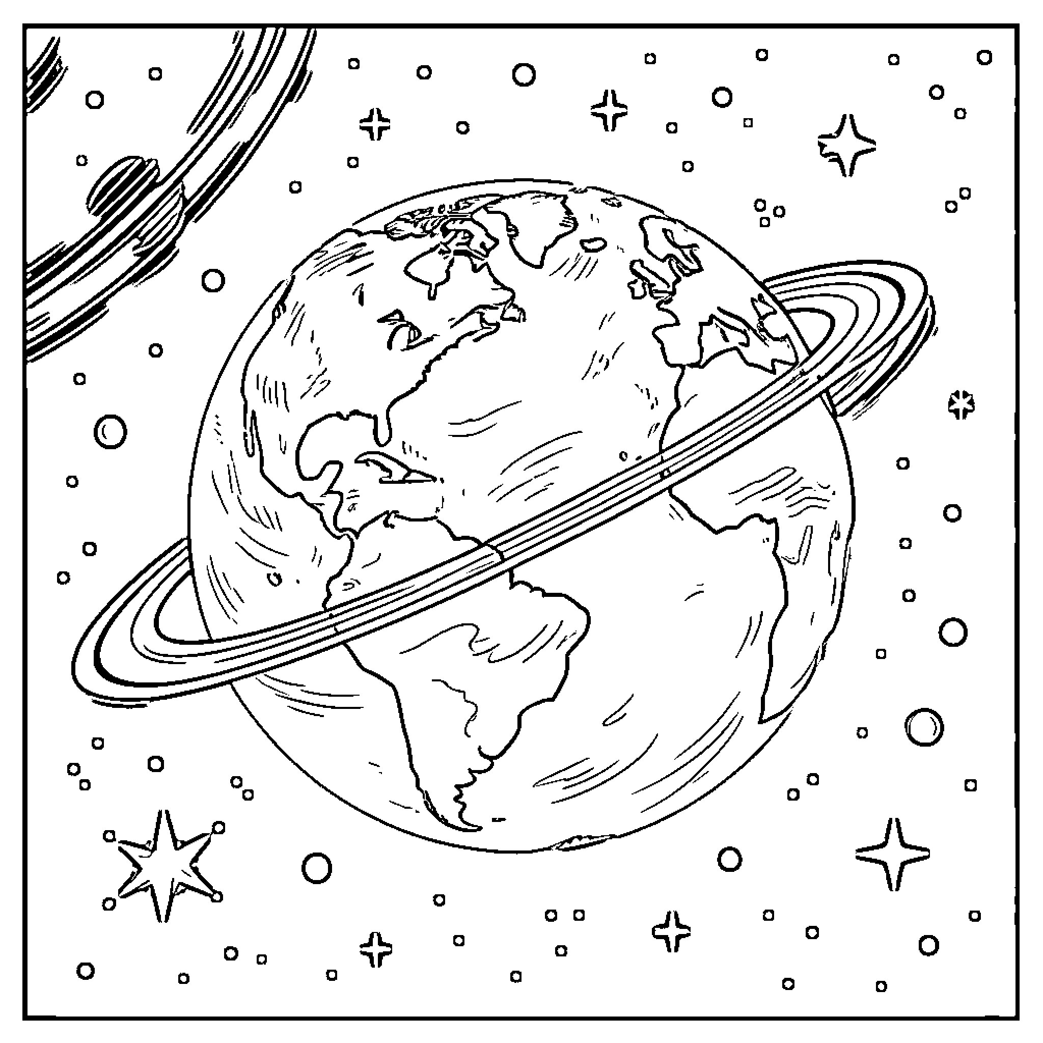 Earth surrounded by cosmic elements Coloring Page (free black-and-white line drawing printable PDF for all, from beginners to advanced learners, including children, teens, adults, and seniors)